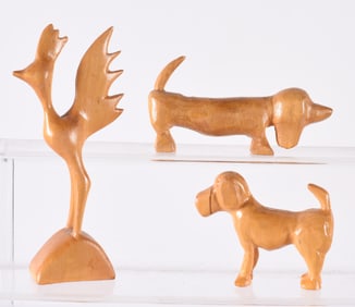 Carved Folk Art Dogs and Rooster