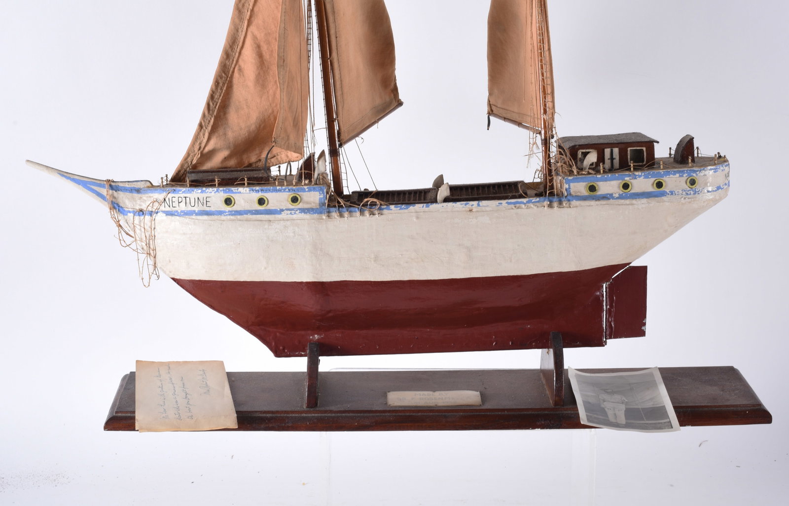Ship Made by wwii POW: 26" x 27" made by Dr. F. Rosenmyer while in a POW camp. 1945. picture of Dr Rosenmeyer with this lot. Paint and wood, other material.