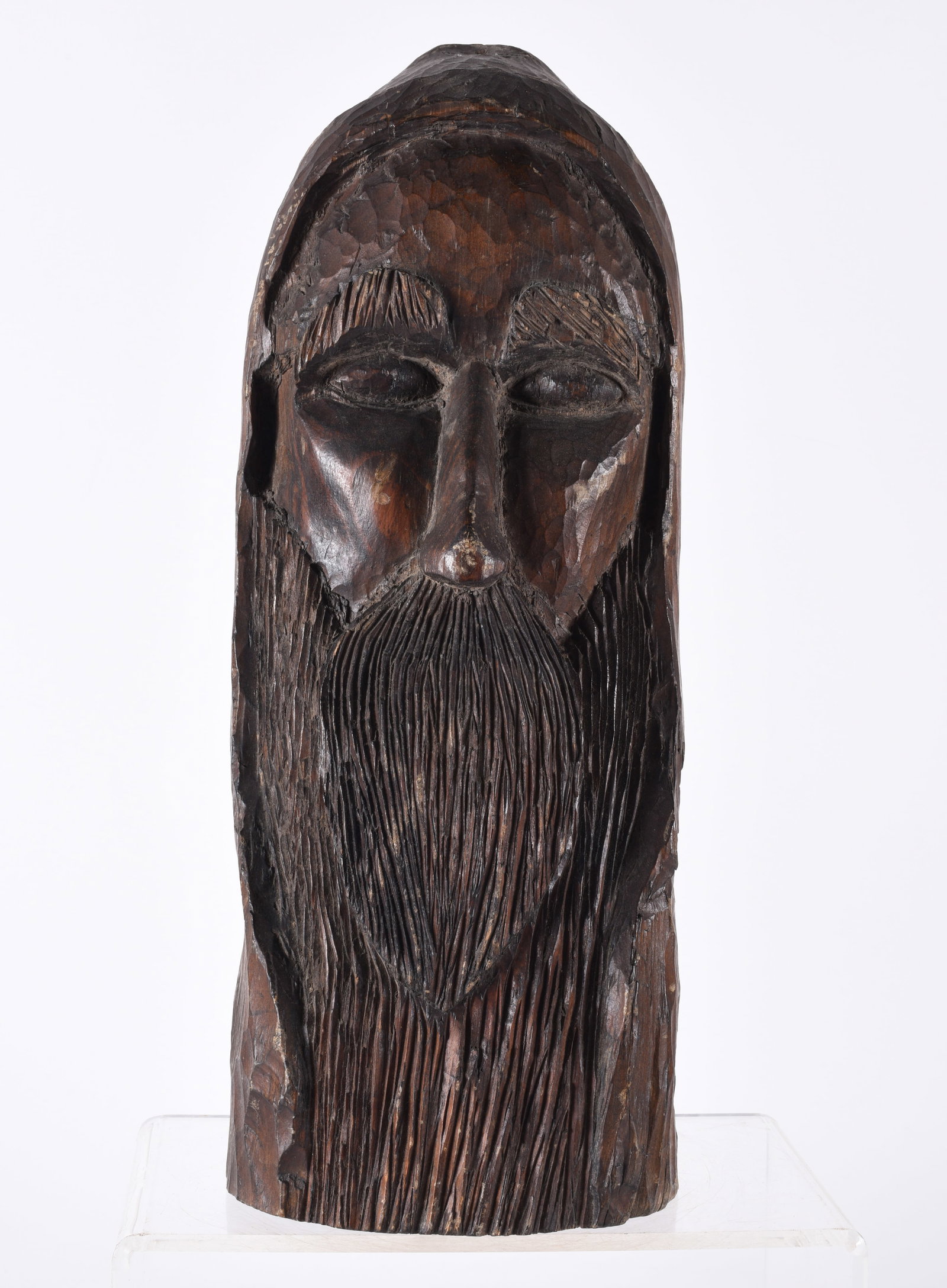 Carved Wooden Head: 16" bearded man, carved wood. Mid 20th century.
