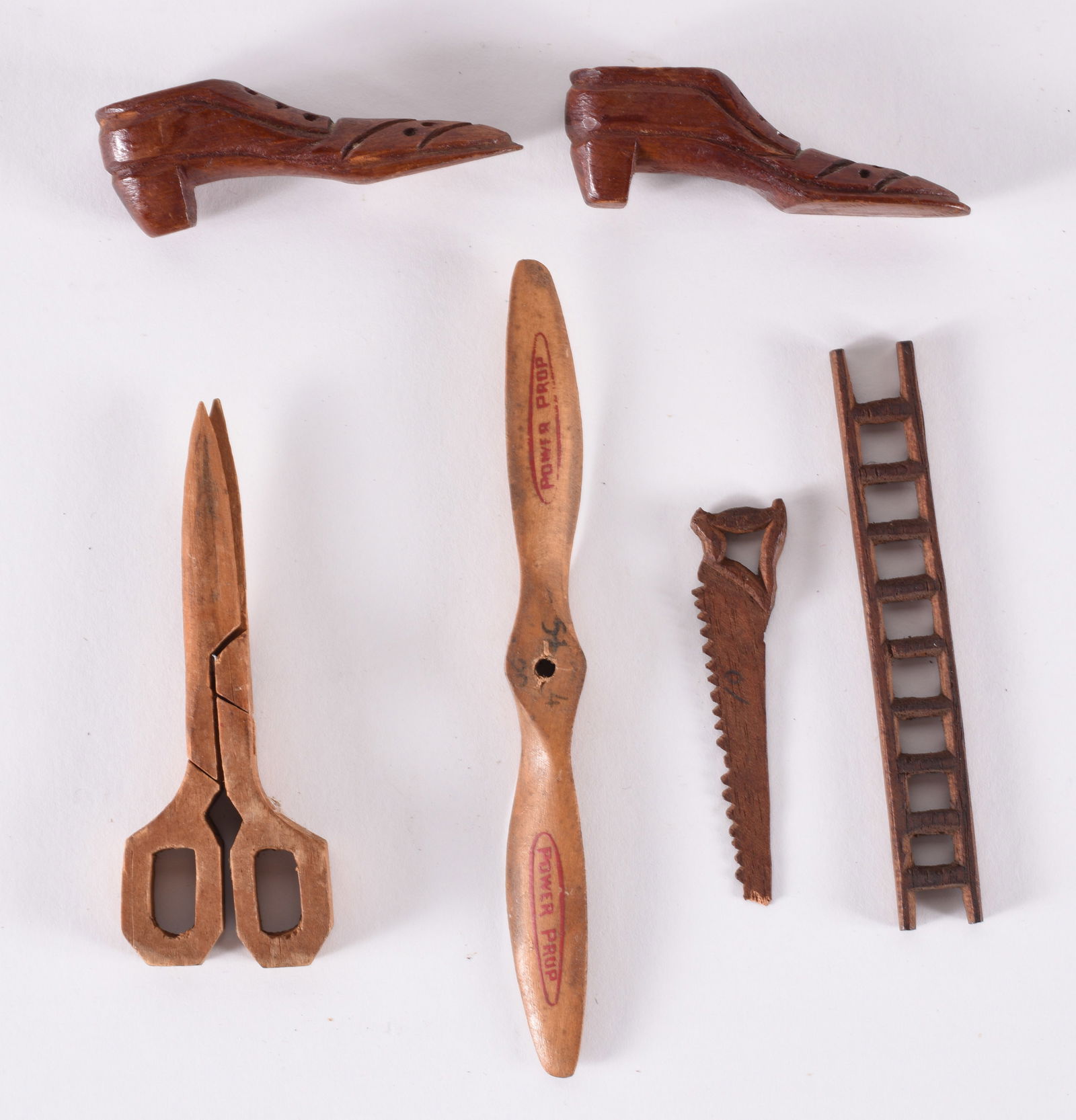 Group of Small Wood Carvings: scissors are 3.5" wood carved, mid 20th century