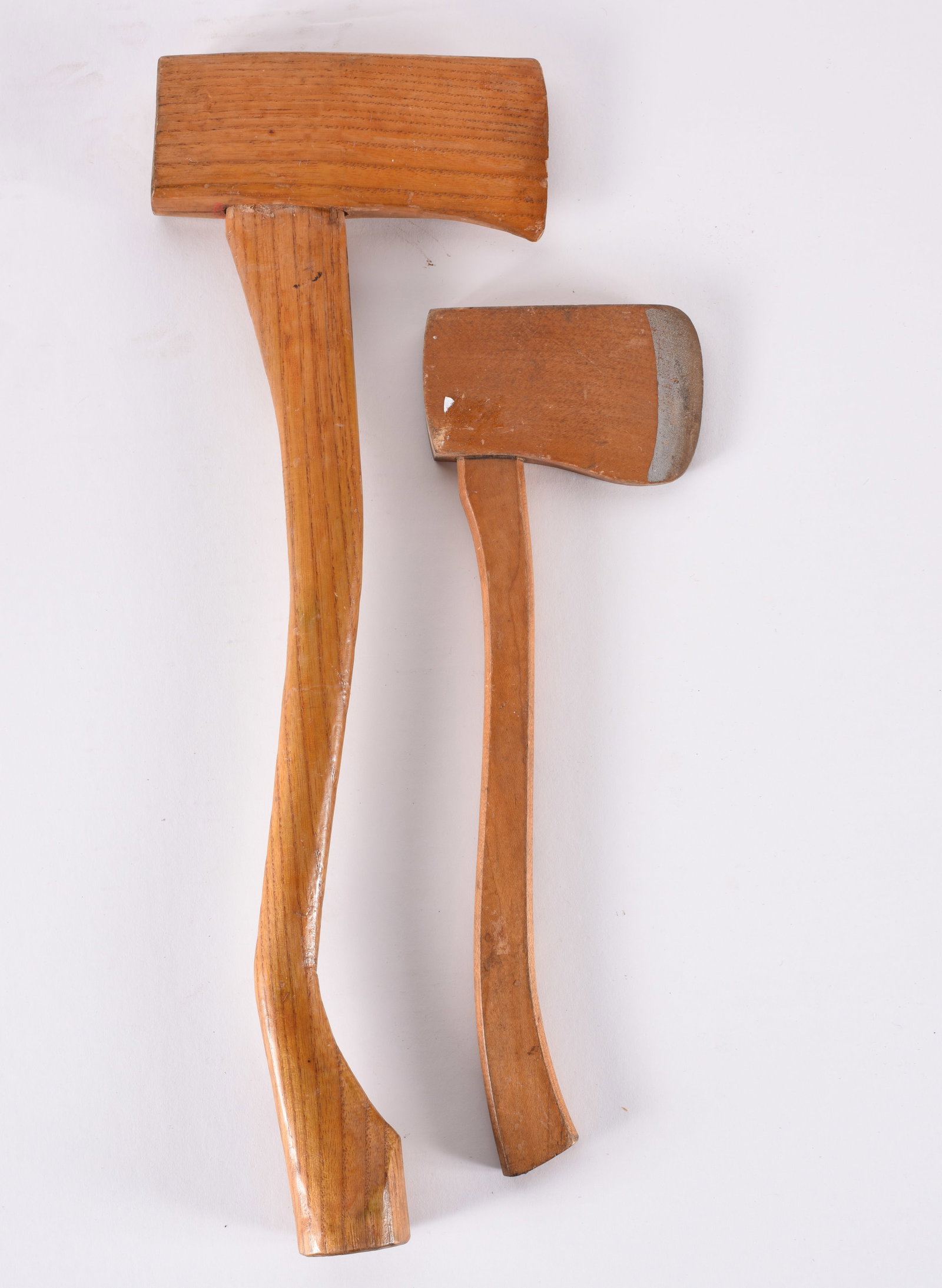 Wood Carved Axes: 15" and 11" carved wood, 2 axes.