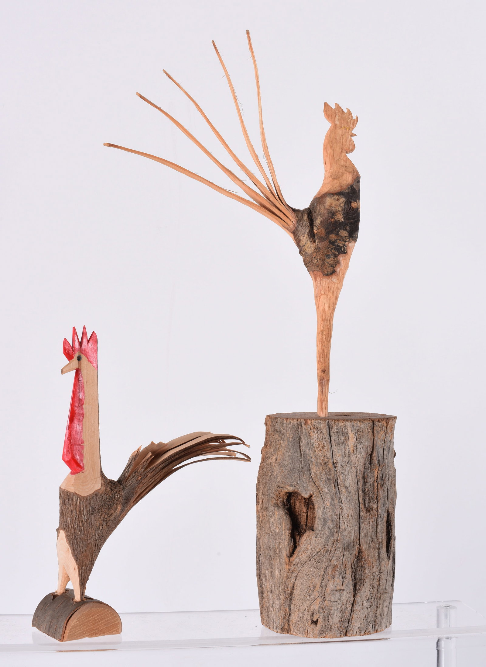 Wooden Carved Roosters: laegest 5" x 13" carved wood and paint. Ca. 1980