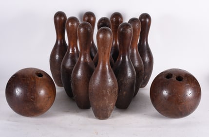 Wooden Carved Bowling Ball and Pins
