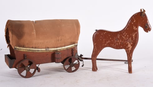 Wood Carved Horse and Wagon