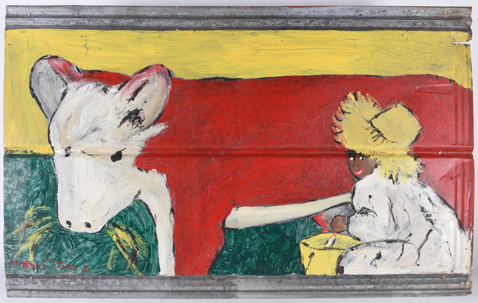 Leonard Jones Folk Art Painting: 41" x 26" paint on roof tin, signed. African American Artist.