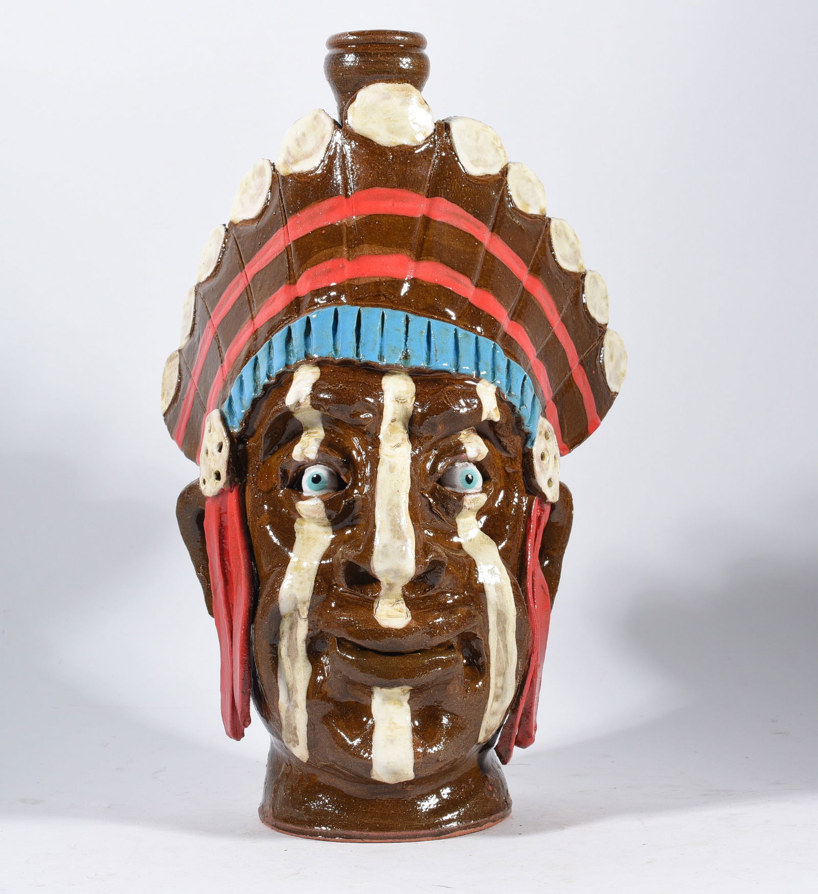 Marvin Bailey Inidan Face Jug: 12" folk pottery by South Carolina potter Marvin Bailey. The perfect blend of art met with pottery talent. Marvin has been producing folk pottery for over 30 years and is one of the best folk potters