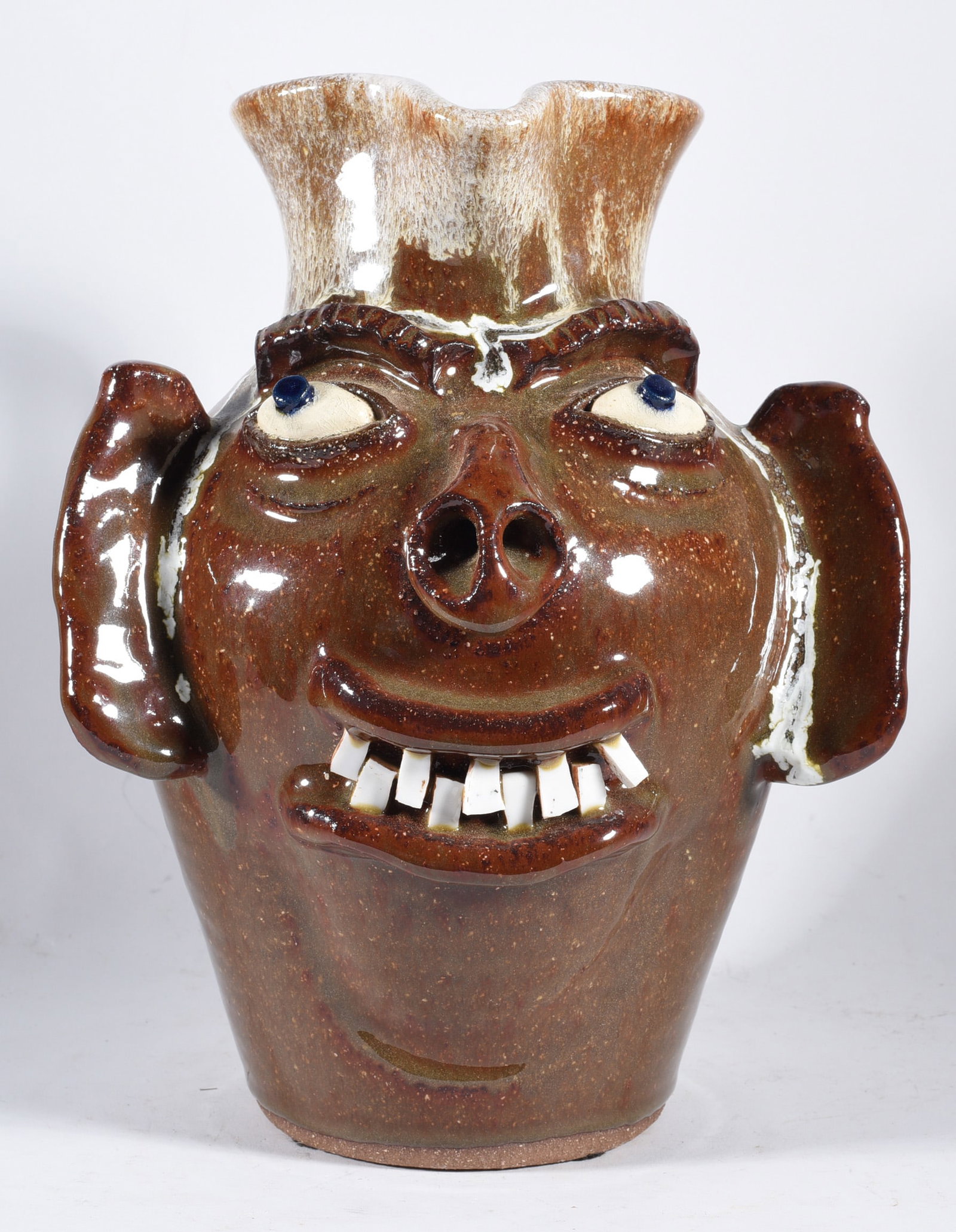 AV Smith Face Jug Churn: 9.5" a very folky set of china plate teeth. Signed.
