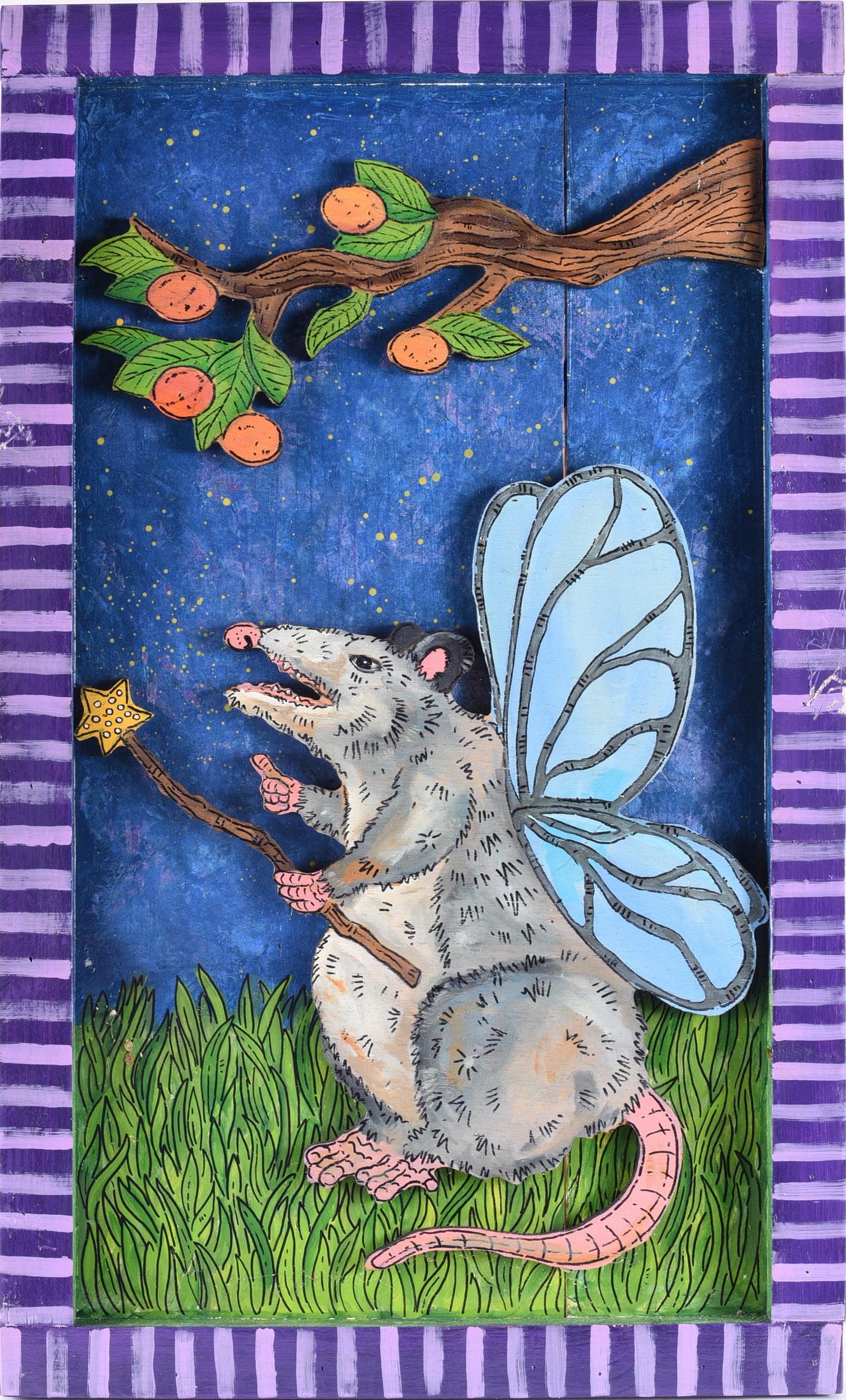 Eric Cunningham Folk Art Painting: 17" x 28" painting collage by Eric Cunningham. A very tallented artist from Tennessee. Signed. Paint and wood.