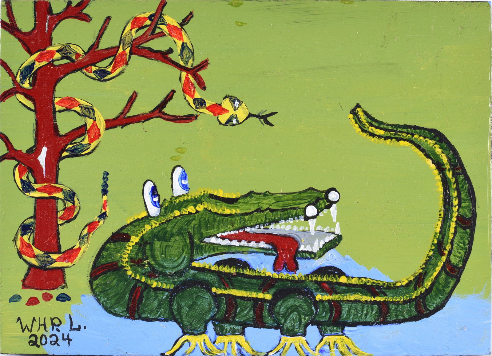 Wade Ledbetter Folk Art Painting: 7" x 5" paint on wood. Signed.