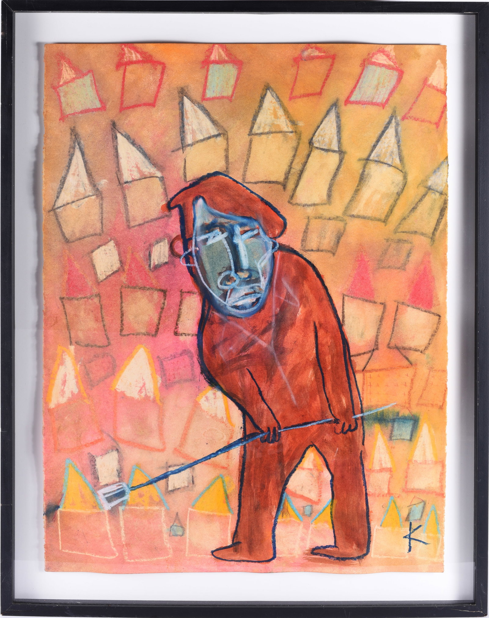 Carl Mullen Painting: 27" x 35" paint on artist paper, framed behind glass.