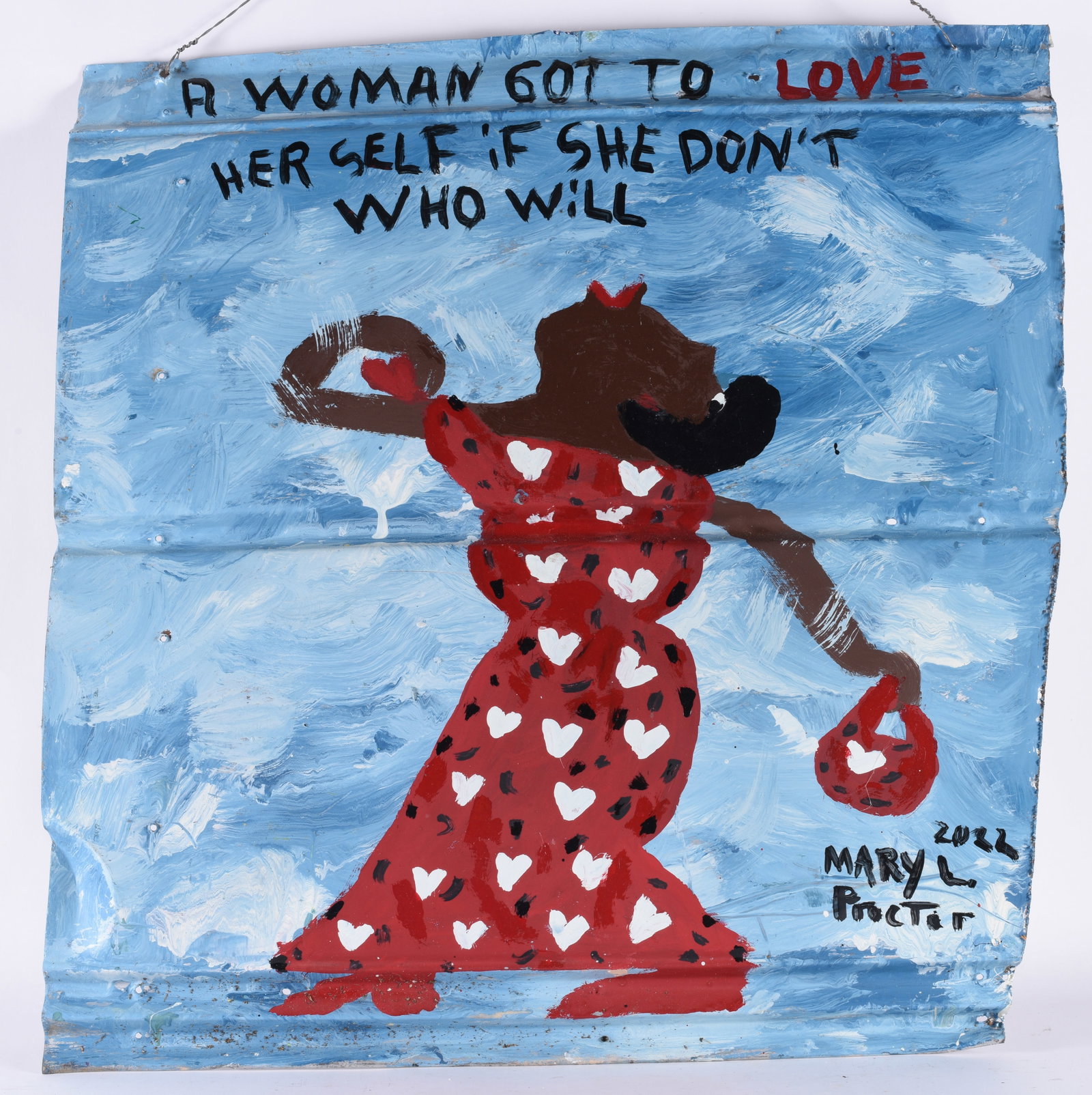 Mary Proctor Folk Art Painting: 25" x 26" paint on roof tin. Signed.