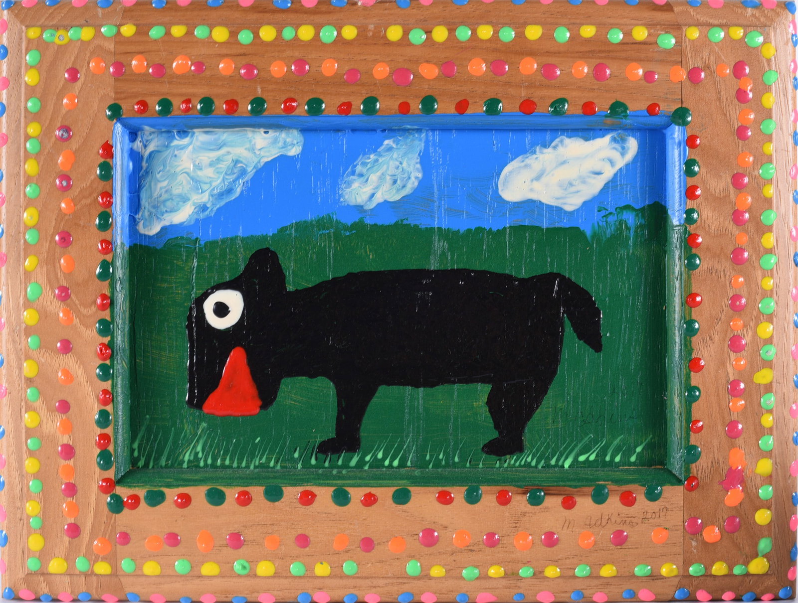 Minnie Adkins Folk Painting: 13" x 10" paint on wood board, signed. Framed.