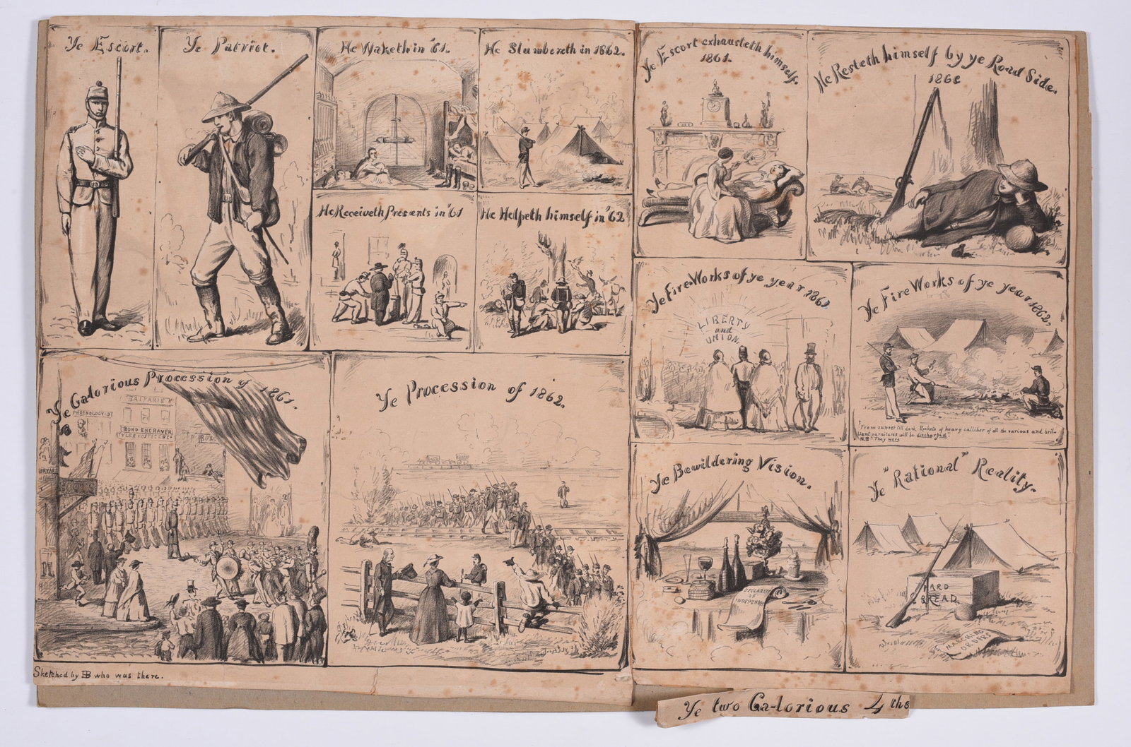 Hand Drawn Civil War Scenes: 13-½”x19”, “Sketched by E.B who was there.” showing the differences in his views from 1861 to 1862 on various aspects of patriotism. Includes “Ye Escort/Ye Patriot” 