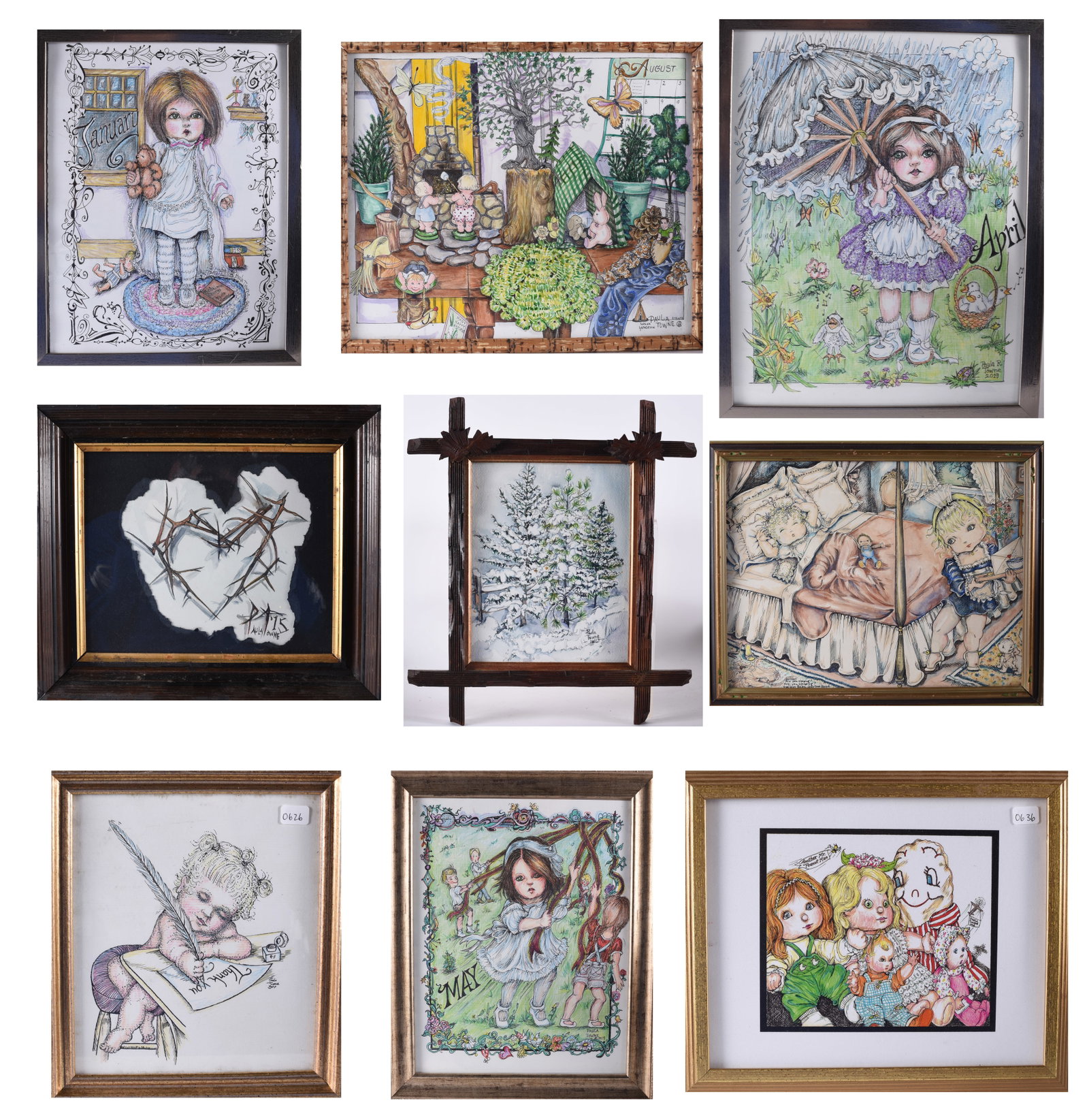 Paula Towne Drawing Group: average size is 12" x 16" painted by artist Paula Towne. Paula passed and left behind hundreds of wonderful paintings. She is a very gifted artist that paints on wood and other mediums.