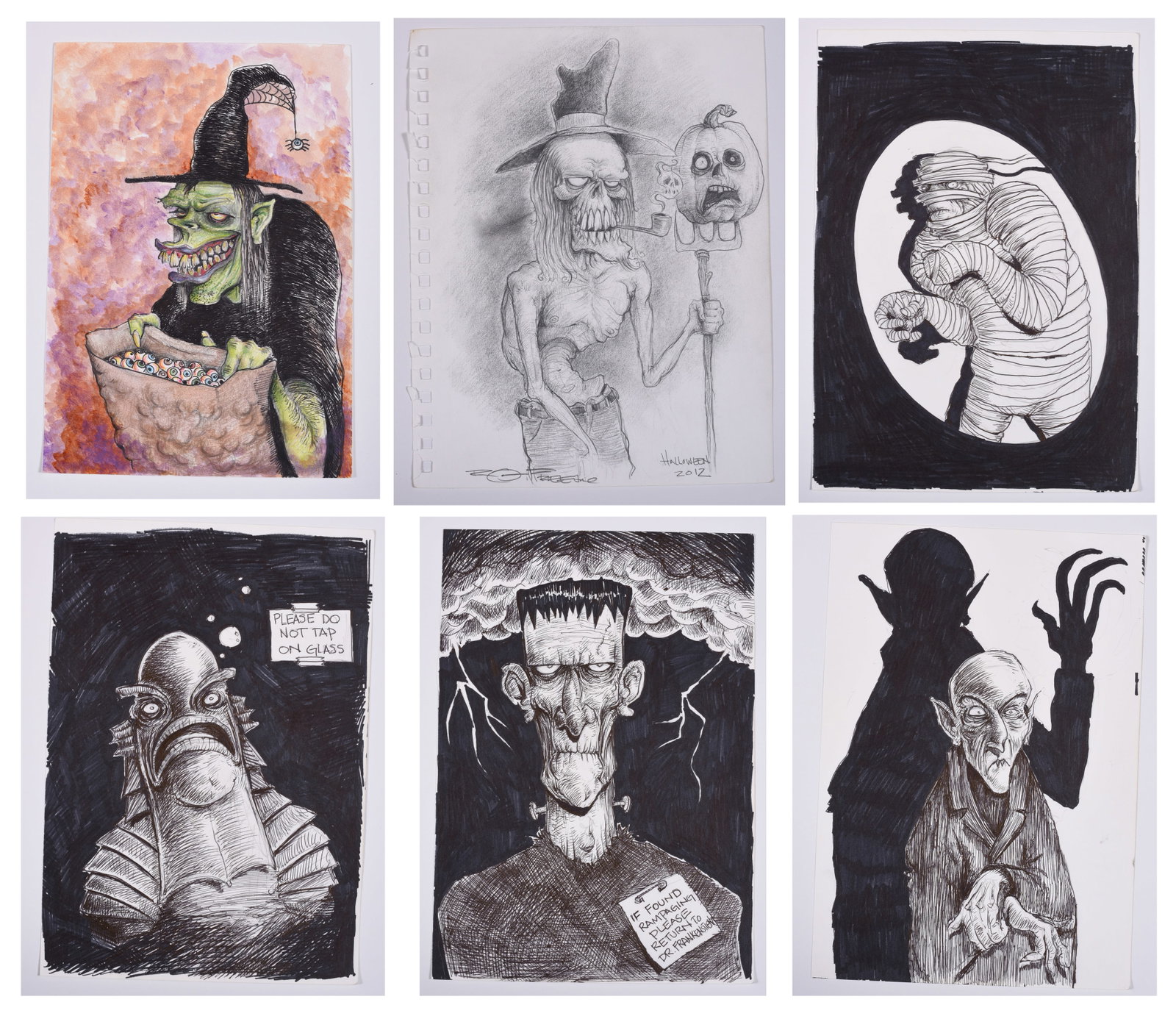Set of 6 Drawings: average size is 7" x 10" original artwork. All by the same artist. Total of 6