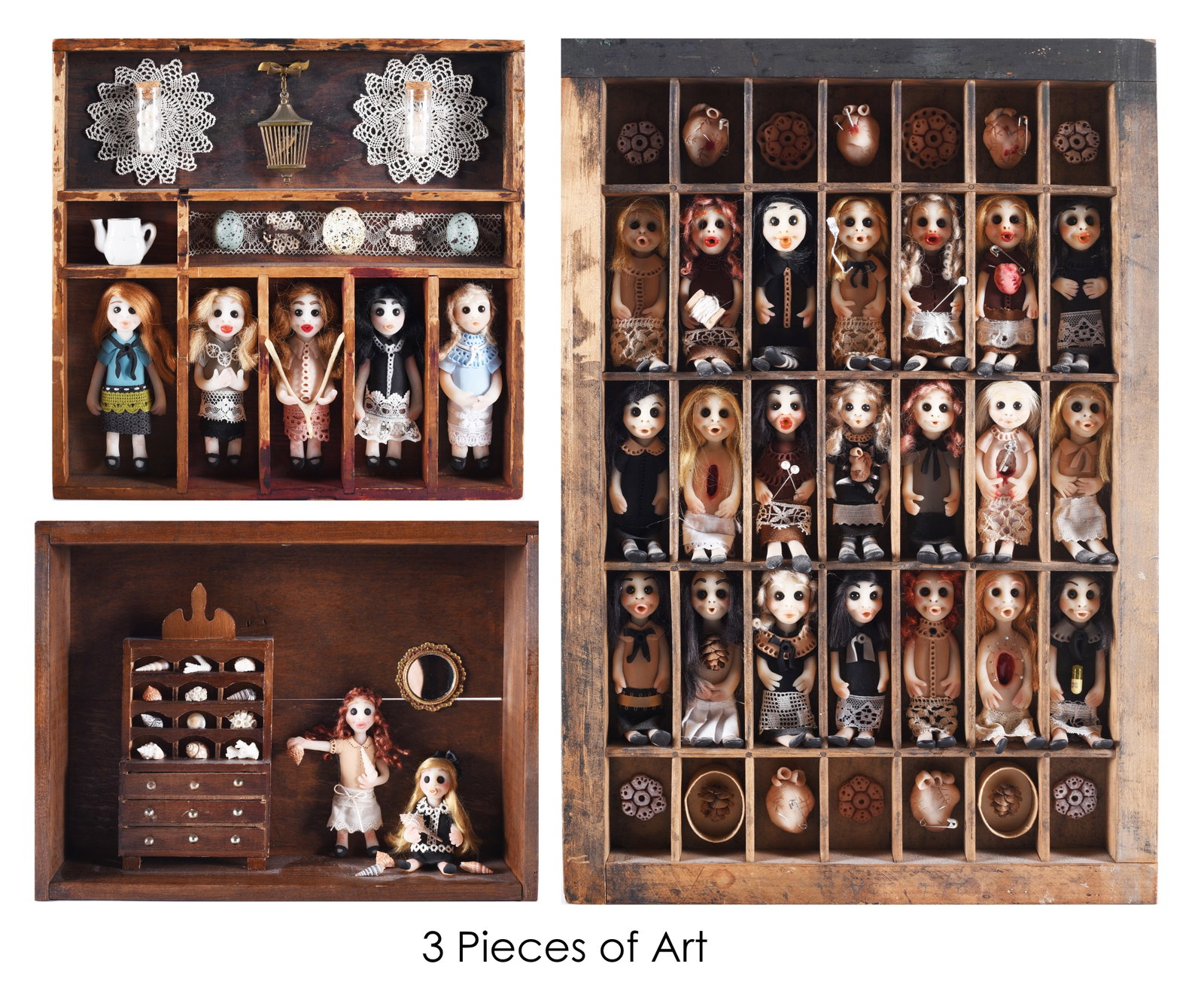 Amber Goome Folk Art: Largest is 11" x 16.5" signed on back. Amber Groome folk art creation of dolls with dead eyes.