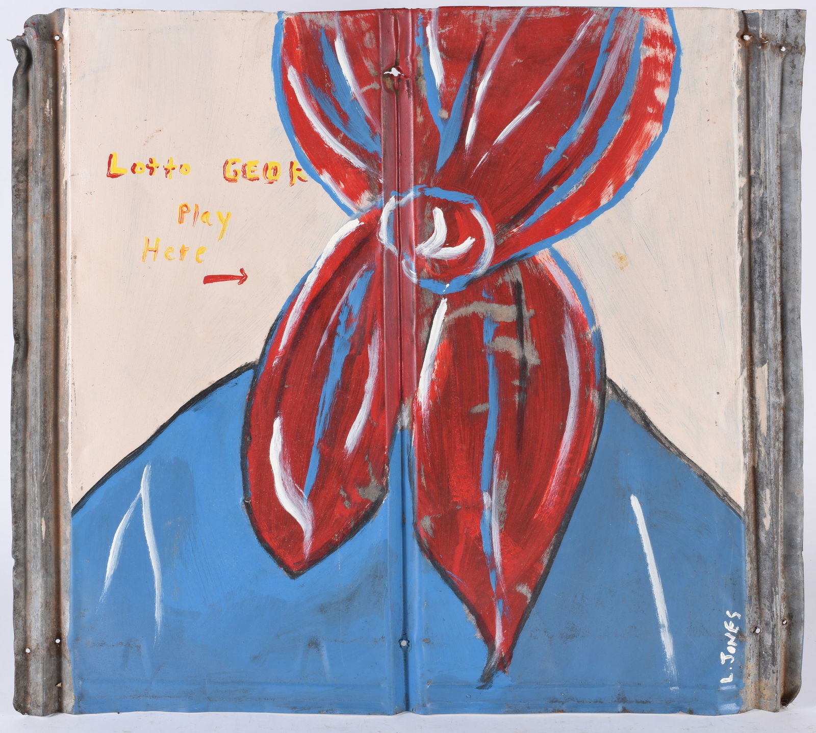 Leonard Jones Folk Art Painting: 25" x 23" paint on tin. African American artist.