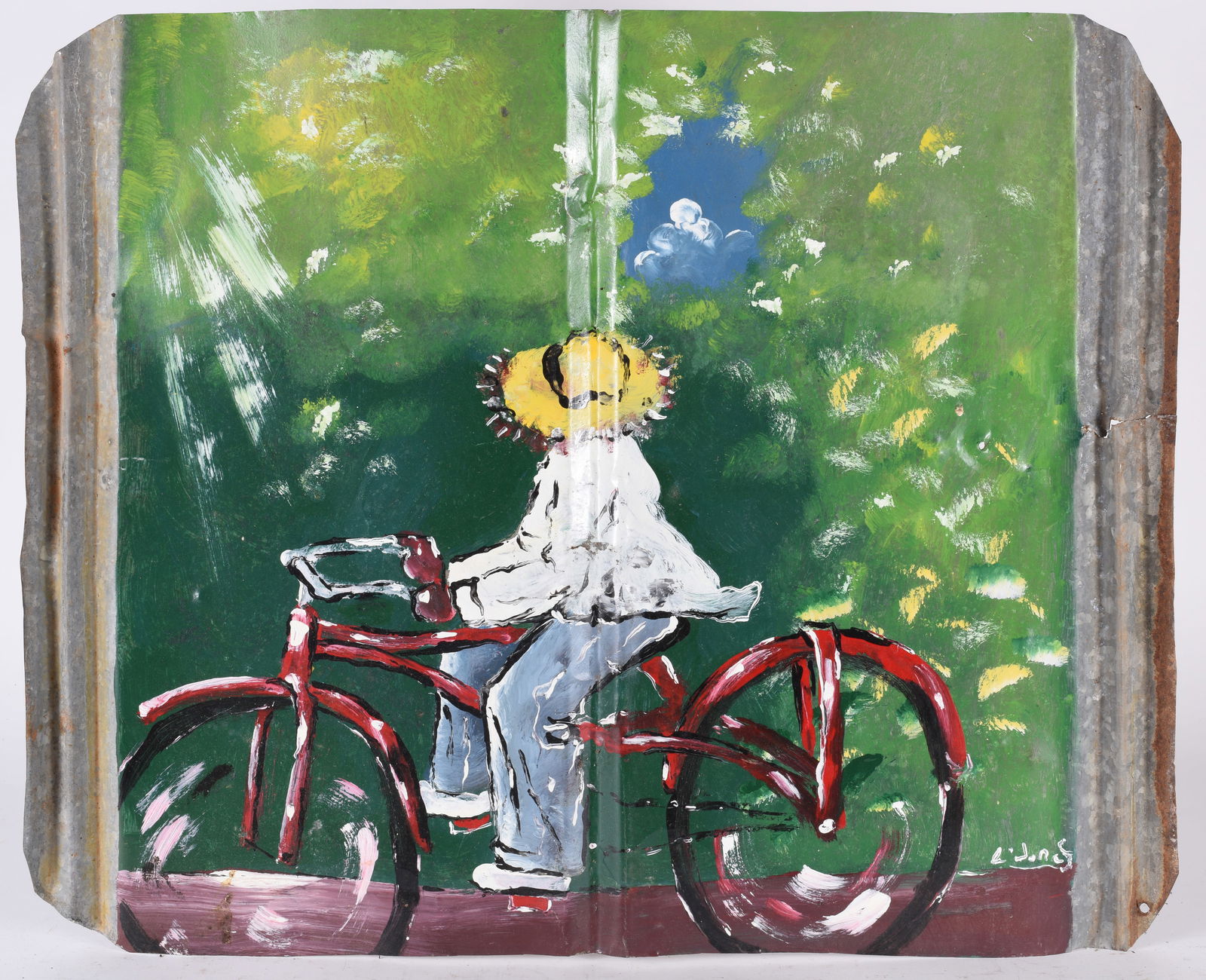 Leonard Jones Folk Art Painting: 25" x 21" paint on tin. African American artist.