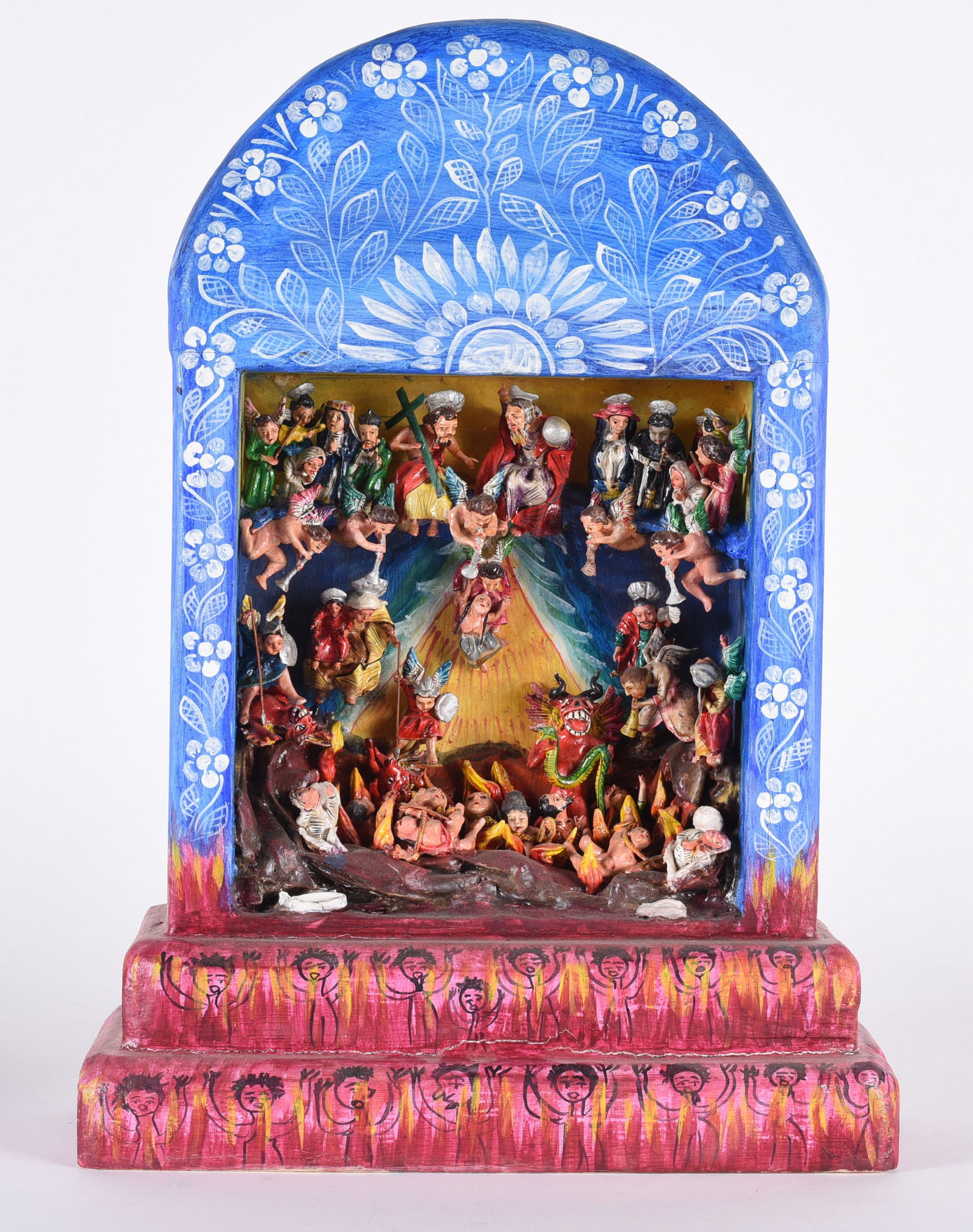 Nicario Jiménez Quispe (b. 1957 - ): 9" x 16" Peruvian-American retablo maker. All the figurines are made by hand with a mix of boiled potato and gypsum powder. Lives in Naples, FL.