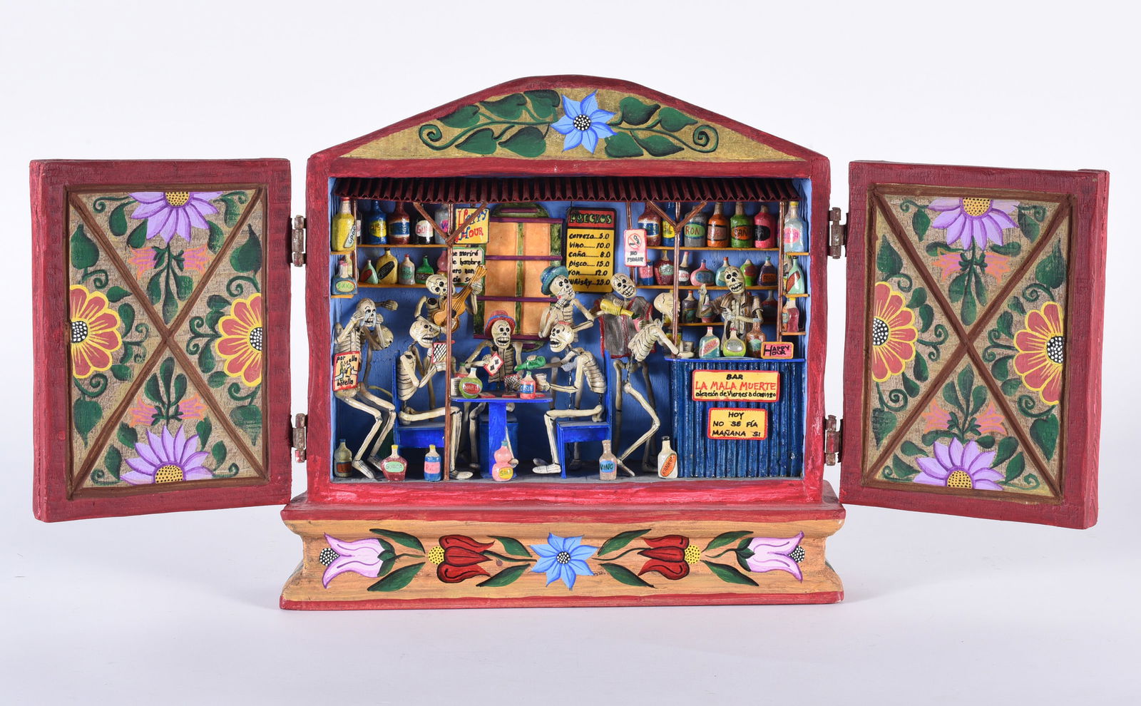 Nicario Jiménez Quispe (b. 1957 - ): 12" x 12" when closed Peruvian-American retablo maker. All the figurines are made by hand with a mix of boiled potato and gypsum powder. Lives in Naples, FL.