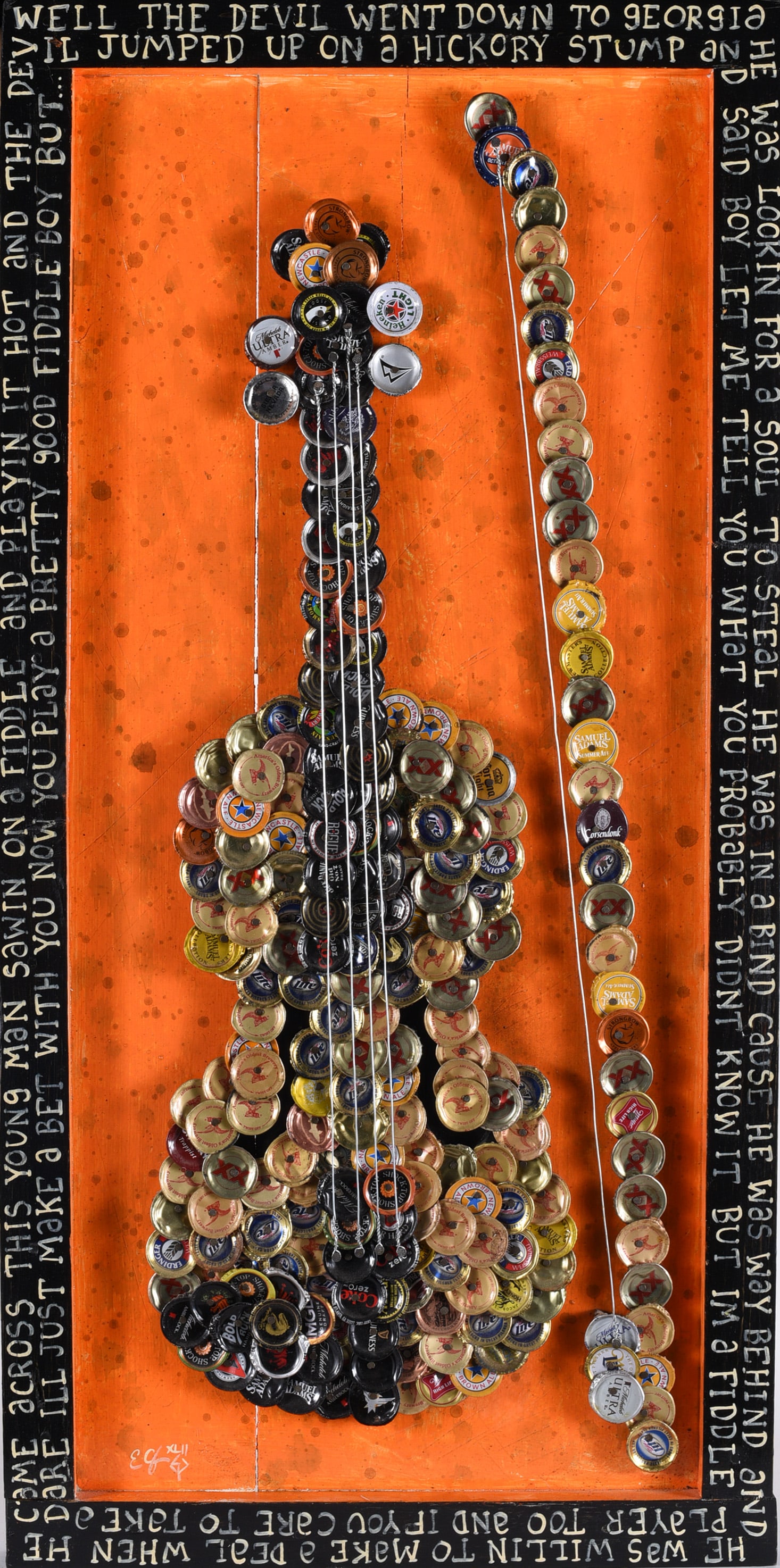 Eric Cunningham Folk Art Painting: 17" x 34.5" paint and cut wood, other material such as bottle caps for frames. Tennessee.