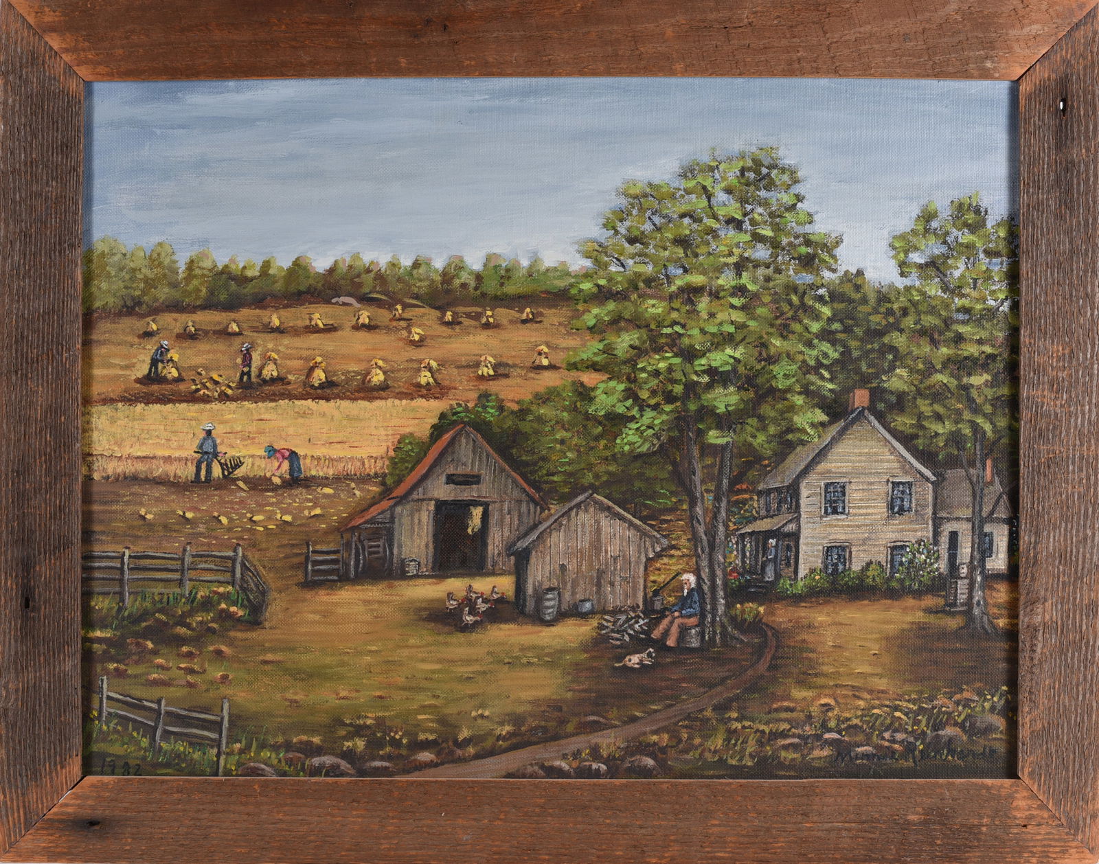 Minnie Reinhardt (1898 - 1986): 28" x 22" paint on artist board dated 1982 Signed. sometimes called the "Grandma Moses of Catawba Valley".
