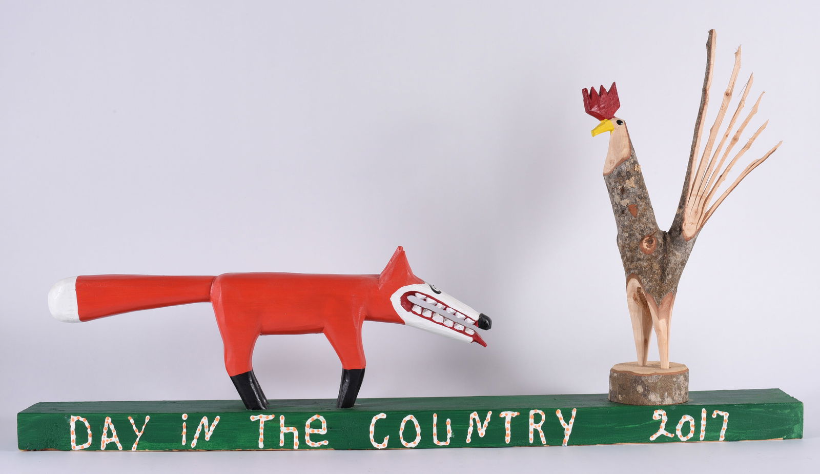 Minnie Adkins Folk art Carving: 31" x 17" carved wood and paint. Signed. Minnie Adkins born 1934. Eastern Kentucky.