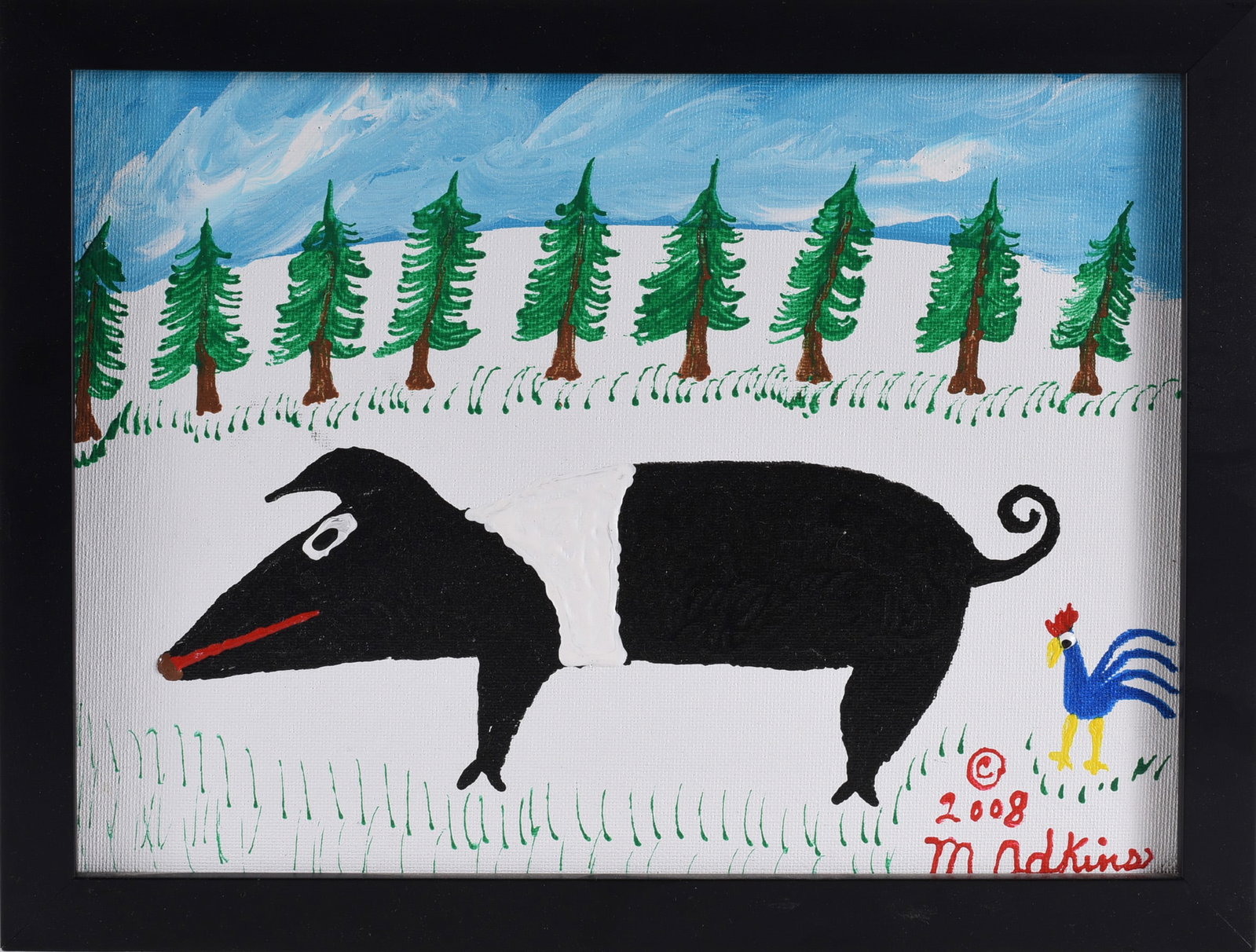 Minnie Adkins Folk Art Painting: 13" x 10" Paint on canvas, framed. Minnie Adkins born 1934. Eastern Kentucky.