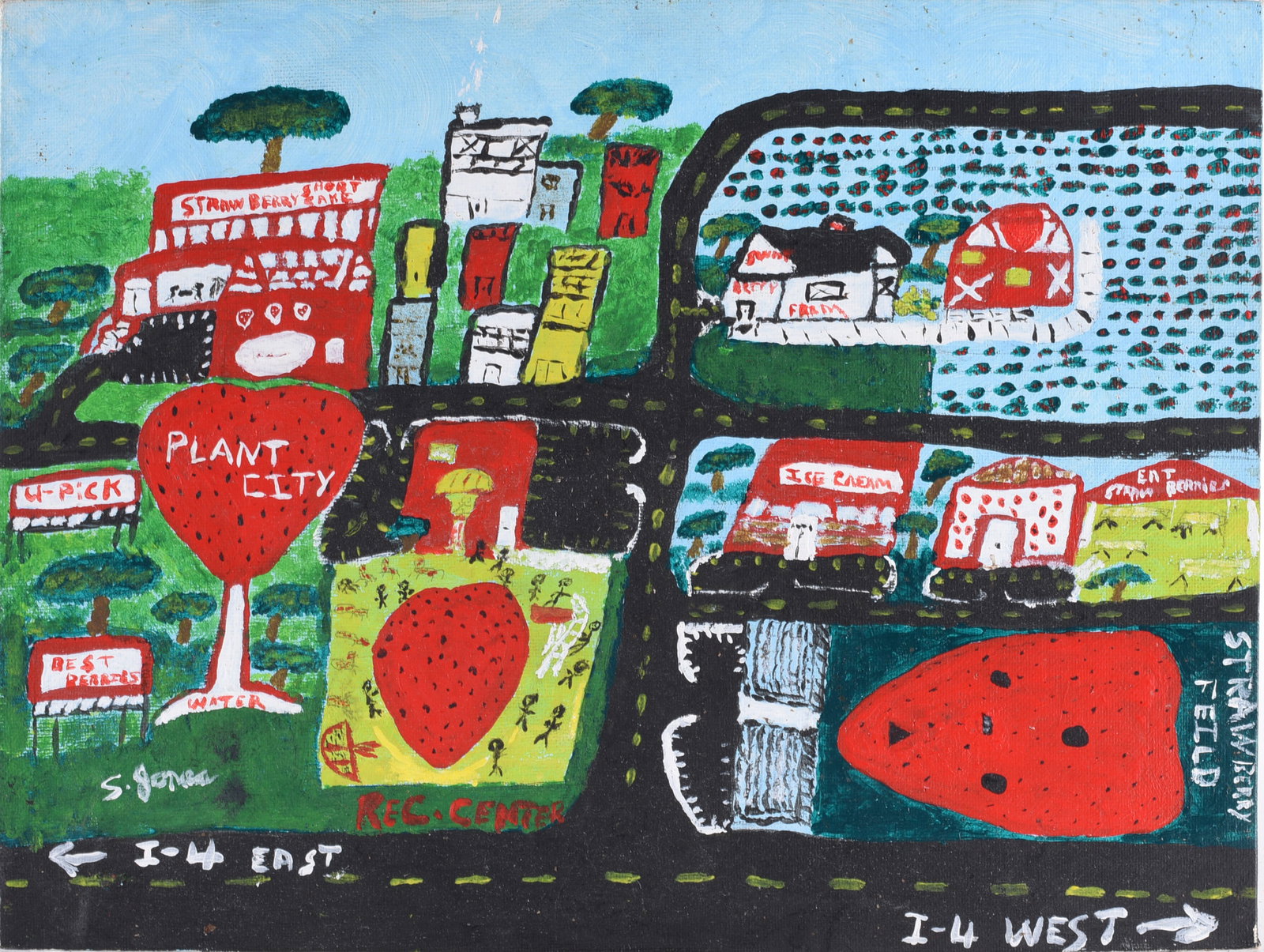 Samual Jones Folk Painting: 16" x 12" paint on artist board, signed. Pencil signed and labled on back.