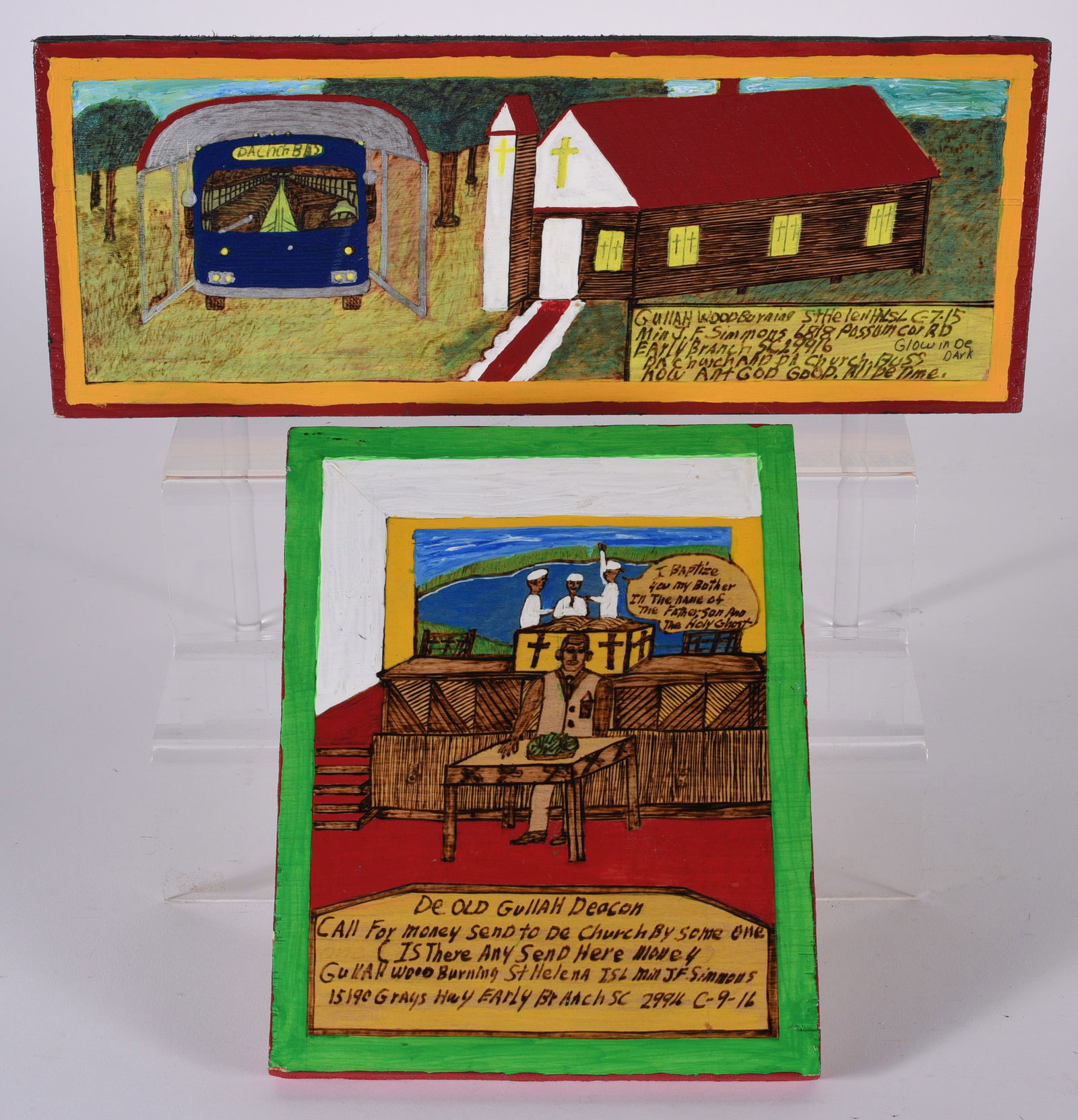 Johnnie F Simmons Woodburning: 16" x 6" , 8" x 10" two wood burnings/painted art pieces by Johnnie F Simmons.