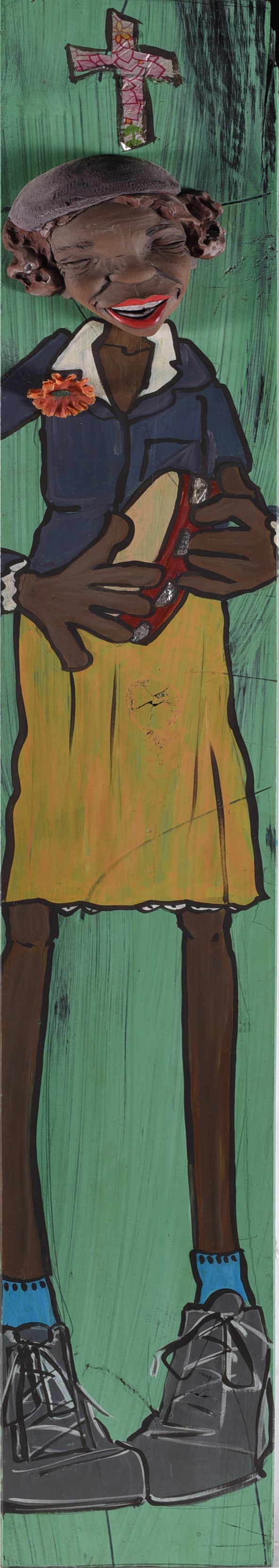 Susan Clayton Folk Art Painting: 5" x 38" paint on wood board, the head is made of clay and other material. Signed on back dated 2019