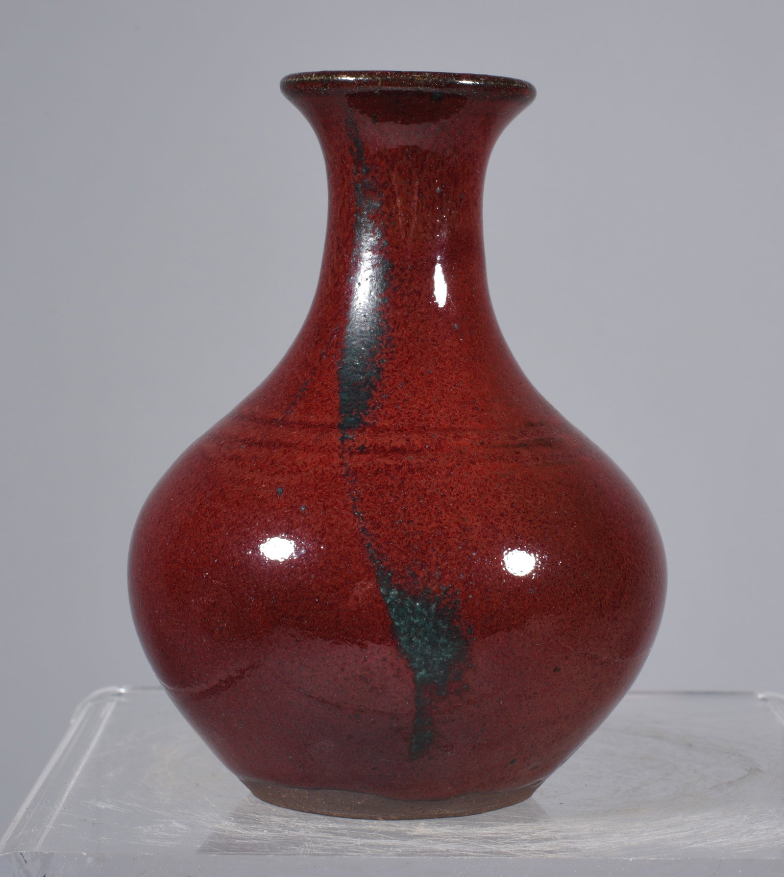 Vernon Owens Chinese Red Vase: 4.5'' Chinese red glaze, stamped on bottom, Vernon Owens dated 1997 with the jugtown stamp.