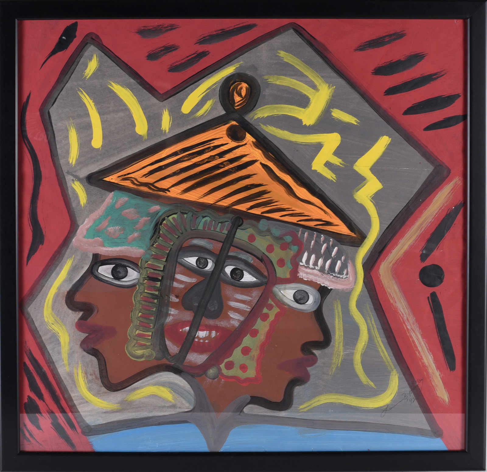 Lonnie Holley (1950 - ): 29'' x 29'' Lonnie Holley creates visionary works of art from different mediums. He is well known for his carved sand stone sculptures. This is an original painting by Lonnie Holley. Signed lower righ