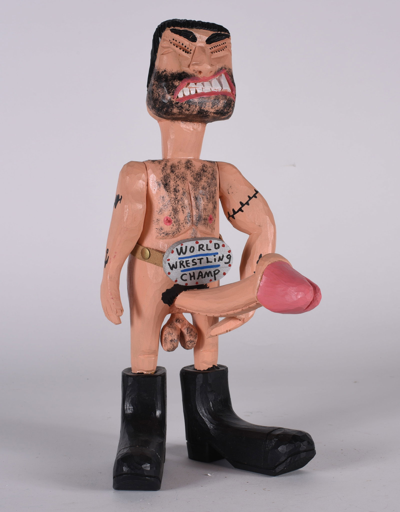 Harry Jennings Nude Wood Carving: 14'' folk art carving by Harry Jennings. A striking nude with large phallic piece. Very cool carving, signed.