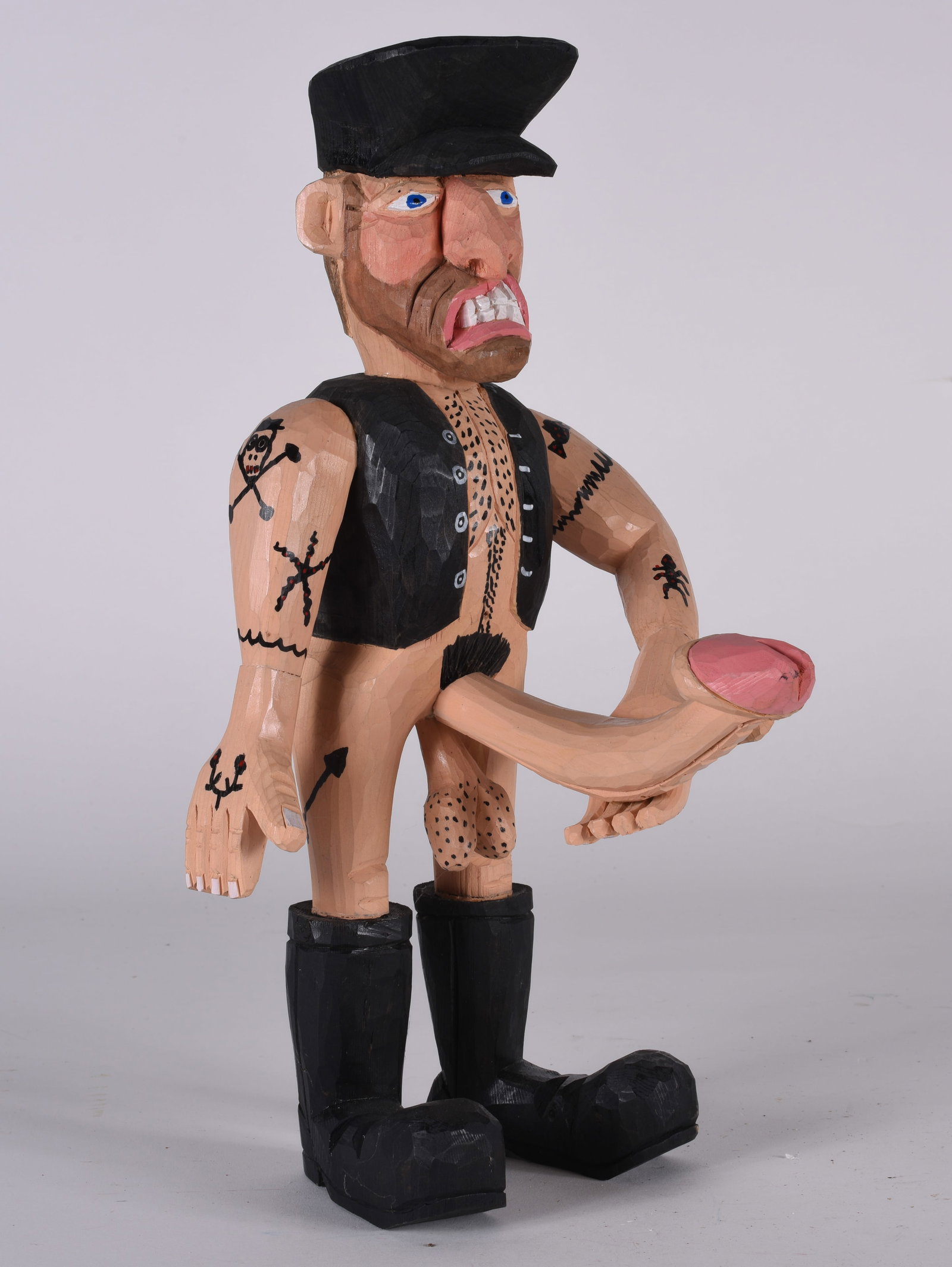 Harry Jennings Nude Wood Carving: 14'' folk art carving by Harry Jennings. A striking nude with large phallic piece. Very cool carving, signed.