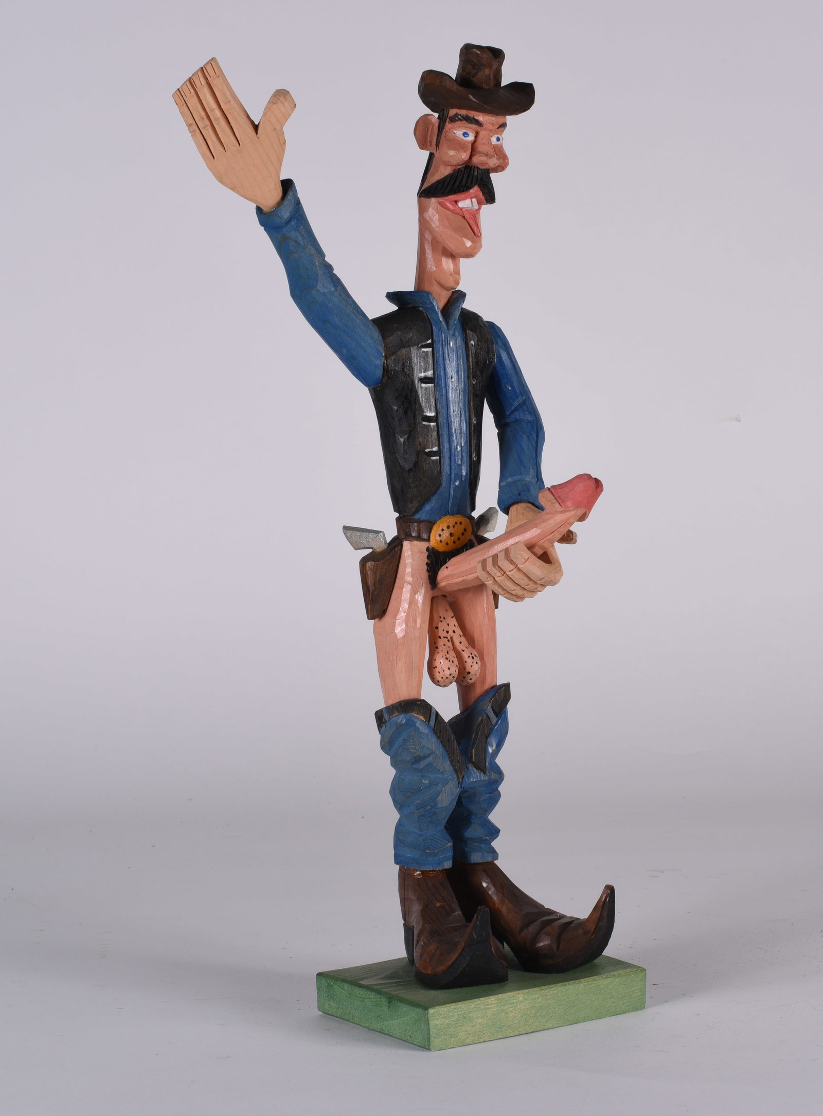 Harry Jennings Nude Wood Carving: 16'' folk art carving by Harry Jennings. A striking nude with large phallic piece. Very cool carving, signed.