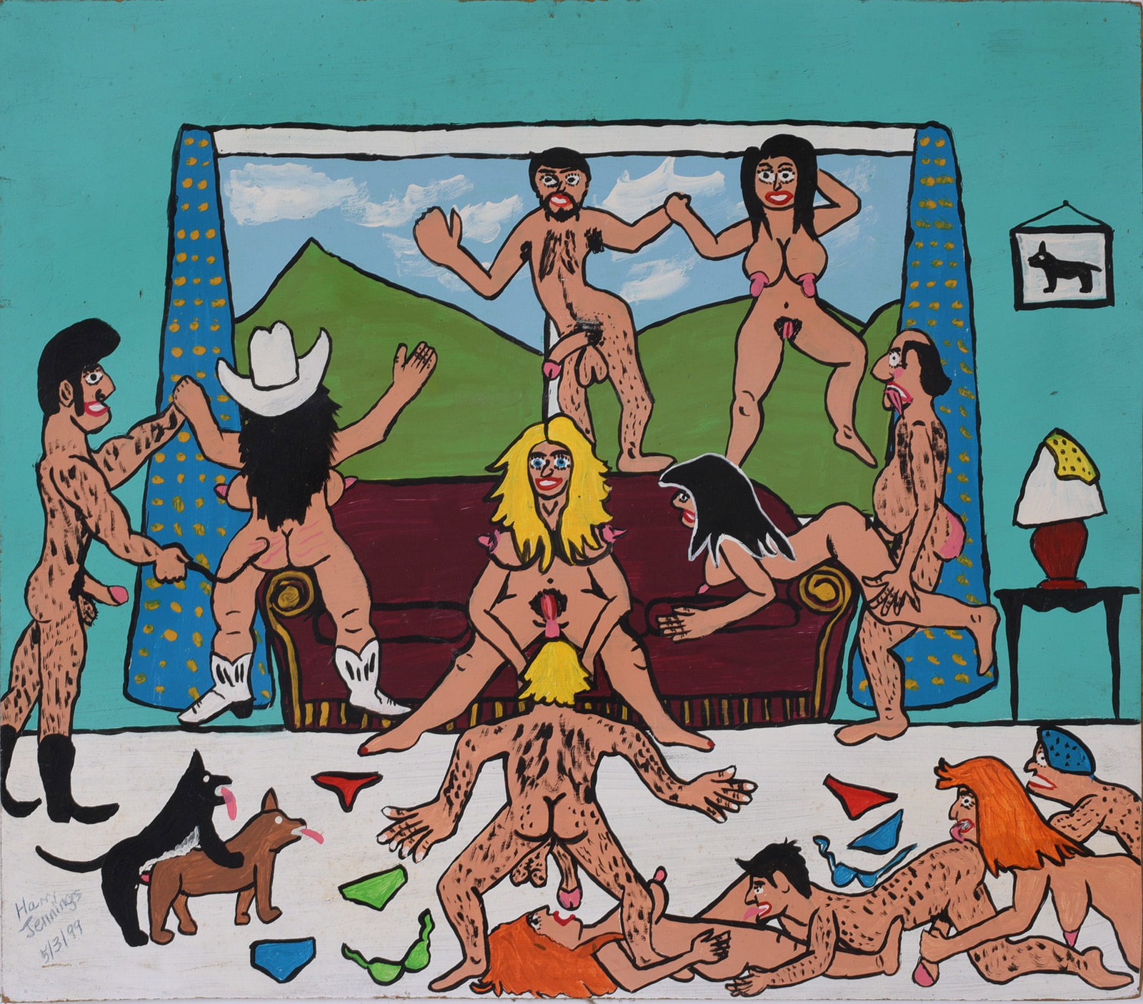 Harry Jennings Folk Art Nude Painting: 16'' x 14'' paint on wood.