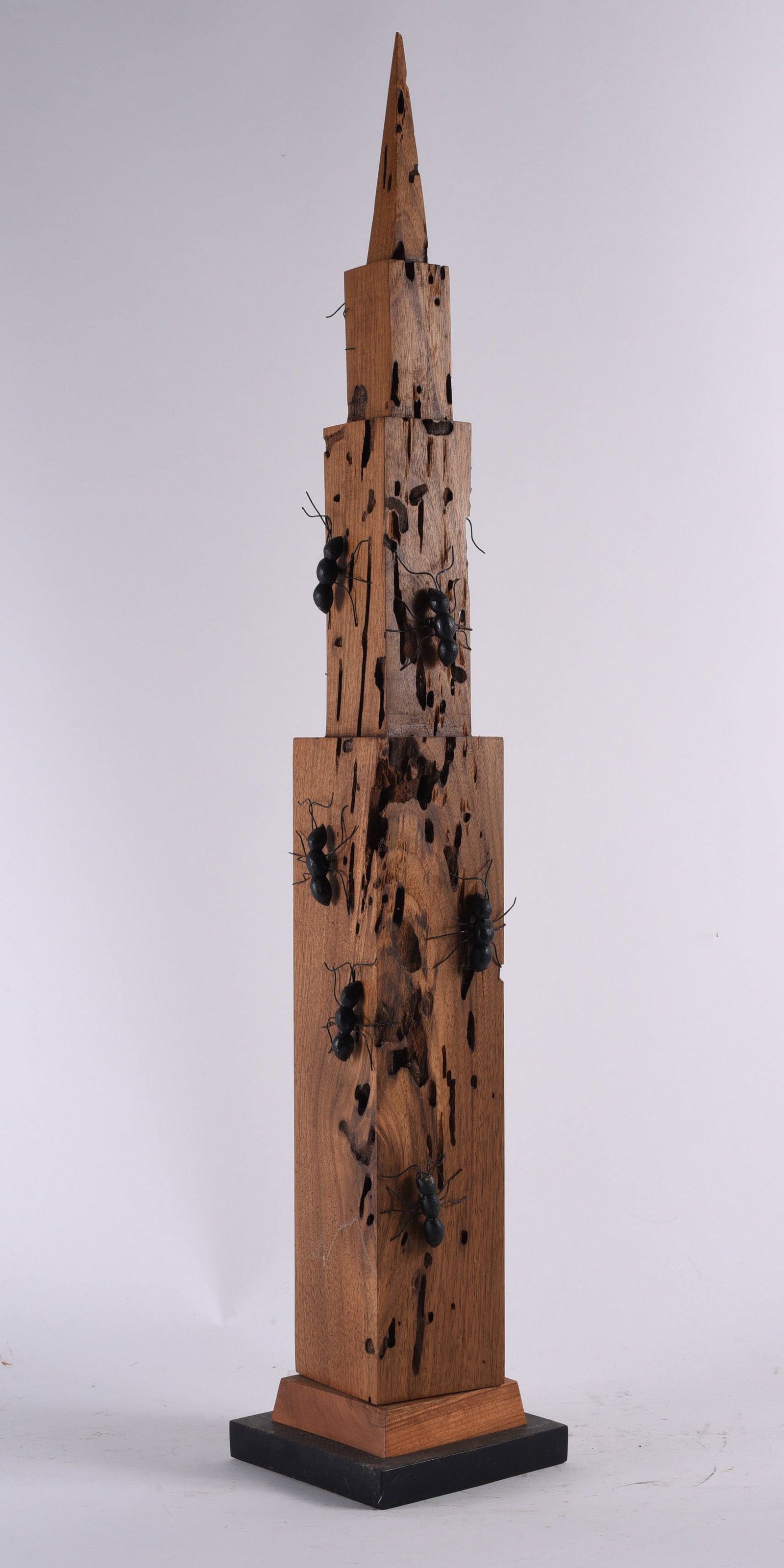Gene Kangas Wood Carved Sculpture: 42". Carved and construced wood with mixed media ants. Gene is a versatile contemporary artist, creating artwork in various media including modern sculptures and installations, digital paintings, folk