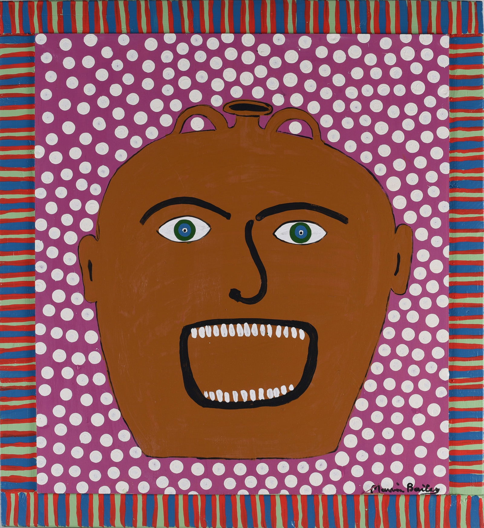 Marvin Bailey Folk Art Painting: 25" x 27" Paint on wood board, frame built and painted by the artist. Signed.