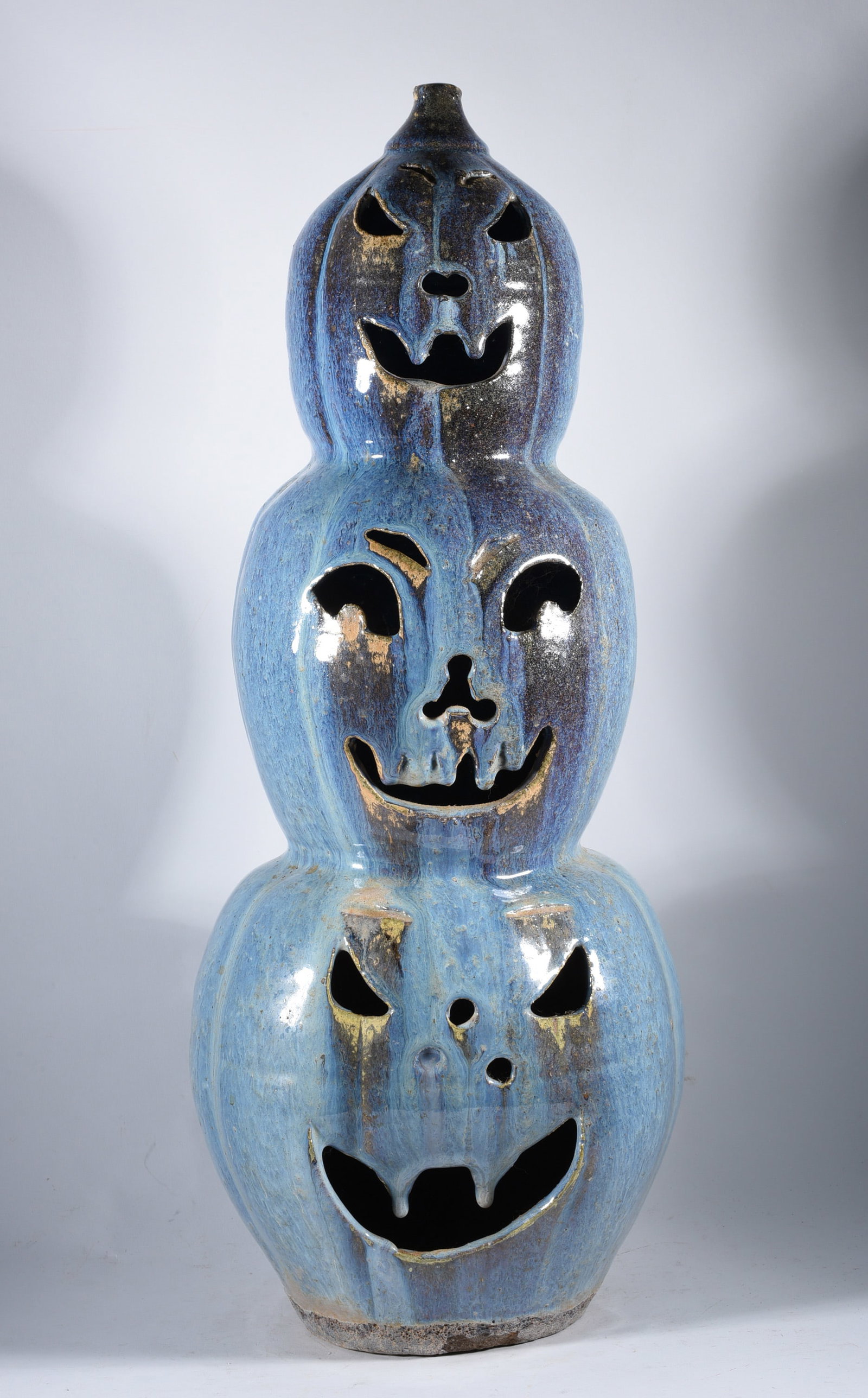 Tripple Totem Jaco-o-lantern: 22" north carolina pottery totem. Blue glaze.