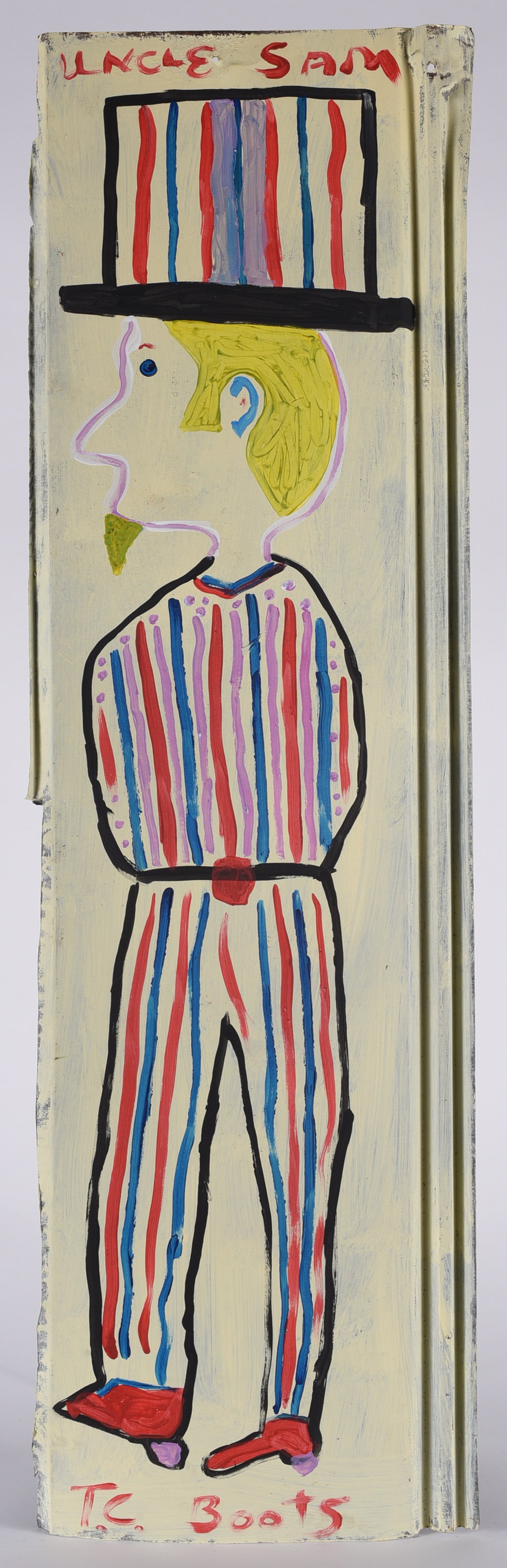 TC Boots Folk Art Painting: 13" x 46" paint on roof tin. Signed at bottom.