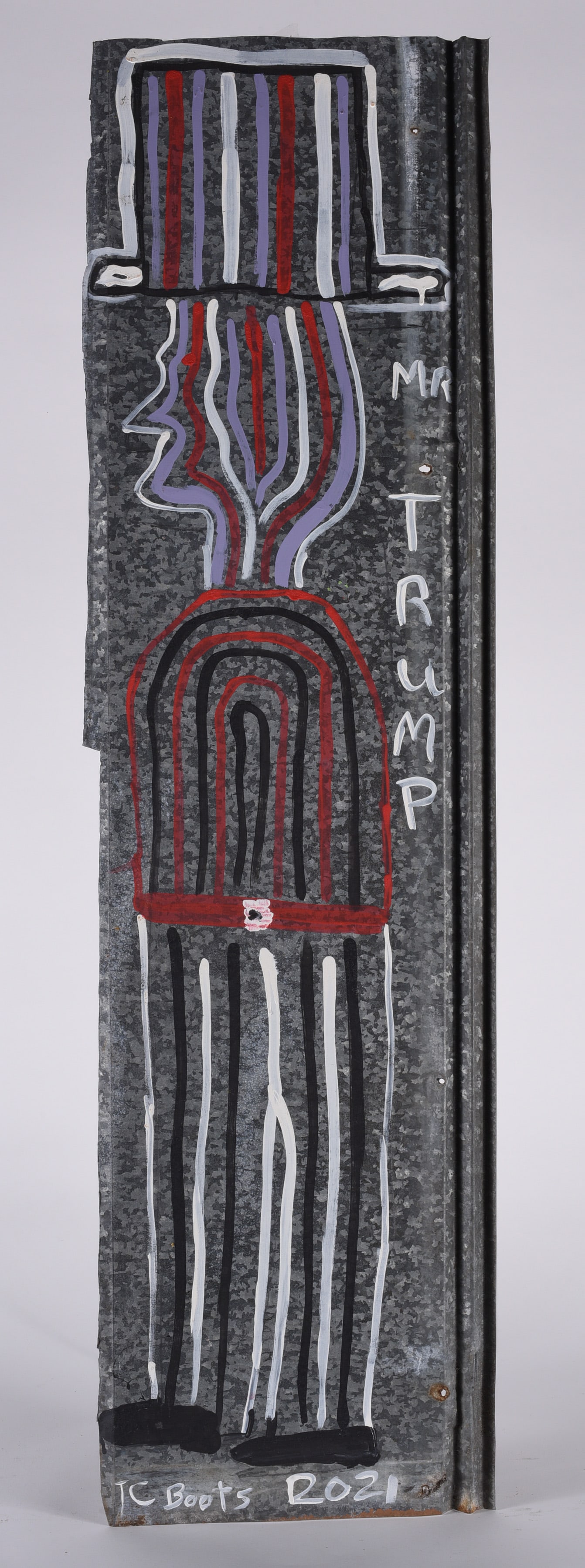 TC Boots Folk Art Painting: 13" x 46" paint on roof tin. Signed at bottom.