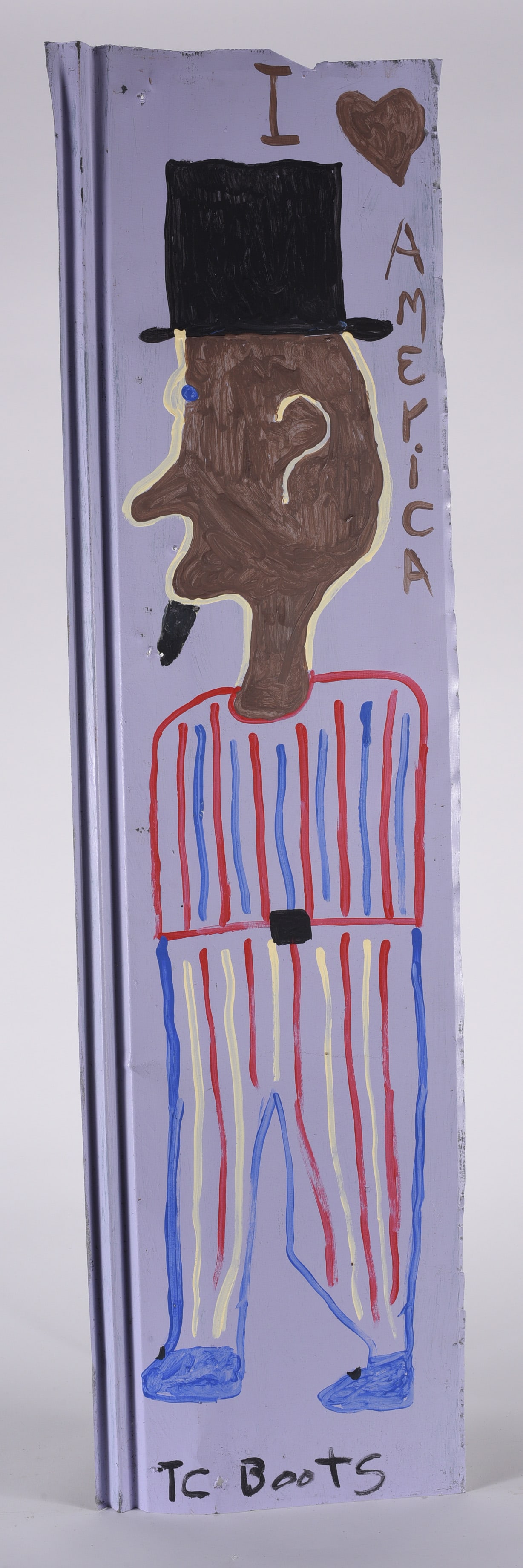 TC Boots Folk Art Painting: 13" x 46" paint on roof tin. Signed at bottom.