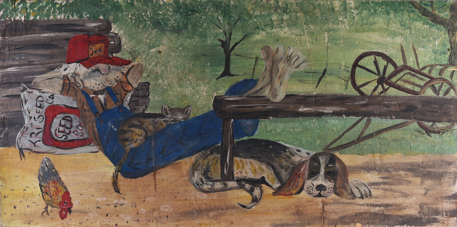 Anonymous Folk Art Painting: 48" x 23.5" paint on wood board, double sided. Not signed. Florida artist ca. 1980