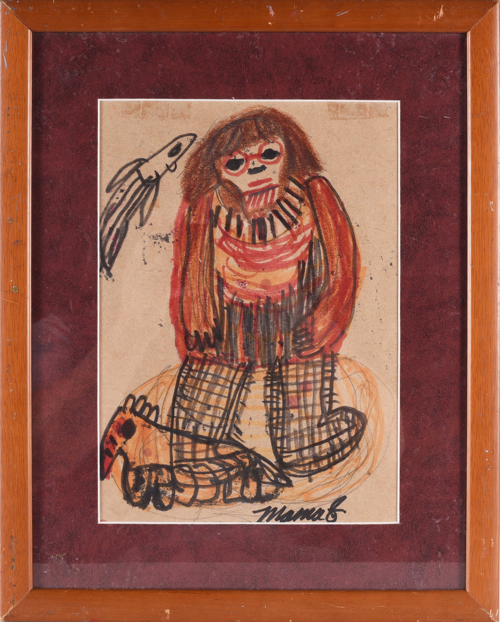 Mama Johnson Folk Painting: 13.5" x 16.5" paint and marker on paper. Signed. Framed.