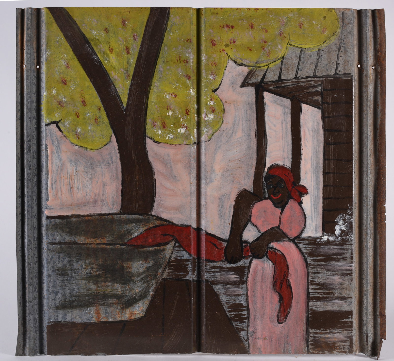 Leonard Jones Folk Art Painting: 26" x 24" paint on roof tin. Leanord Jones is an African American self taught artist from Lincoln County, GA. Born 1959