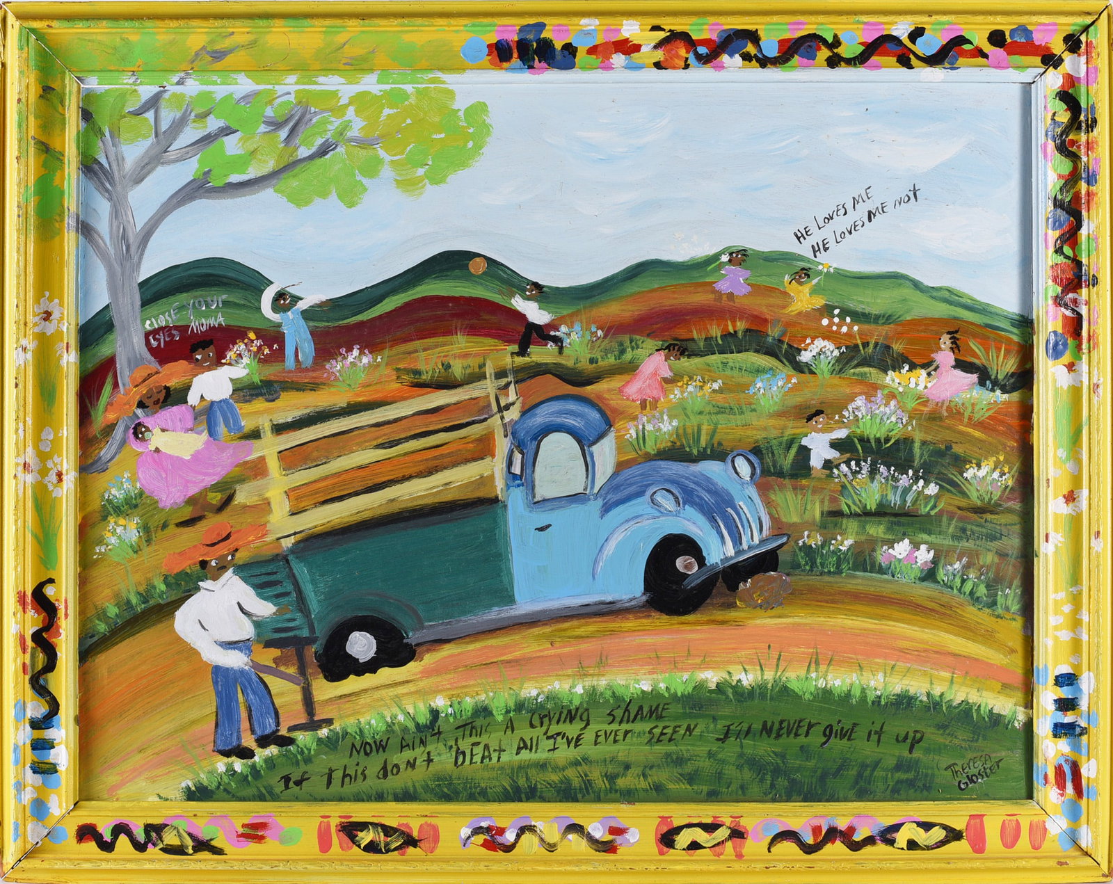 Theresa Gloaster Folk painting: 28" x 22" folk painting by North Carolina African Amrican artist. Signed. Paint on wood.