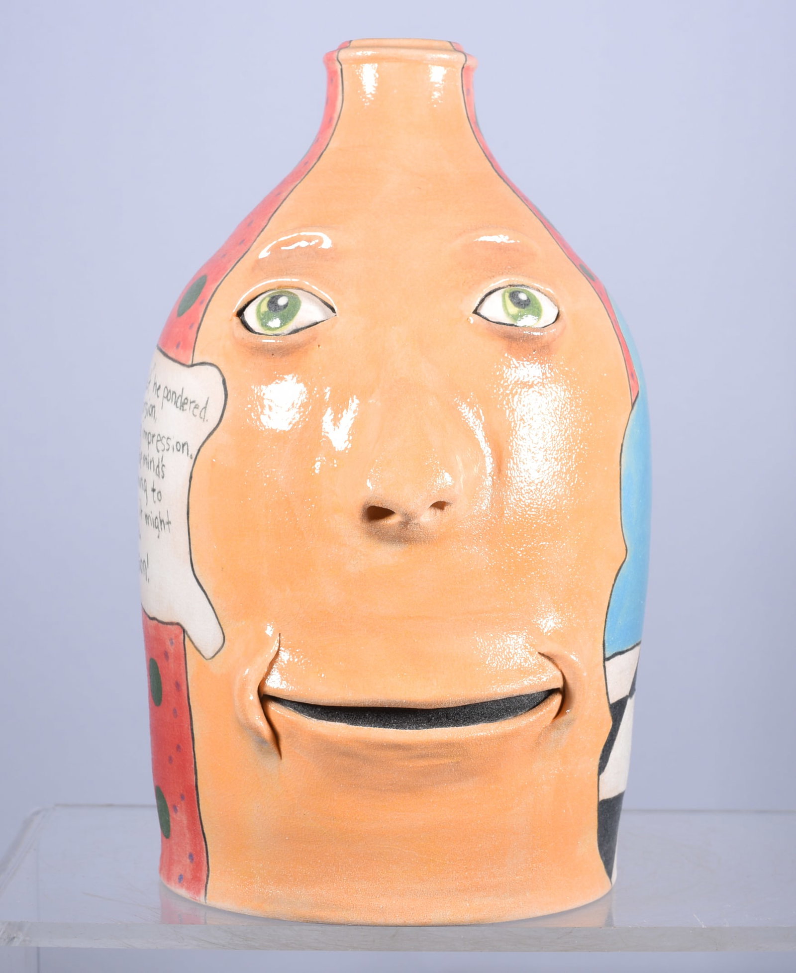 Stacy Lambert Folk Pottery with Nadine Lambert: jug turned by Stacy Lambert, face applied by Nadine Lambert. Signed on bottom and dated 2014.