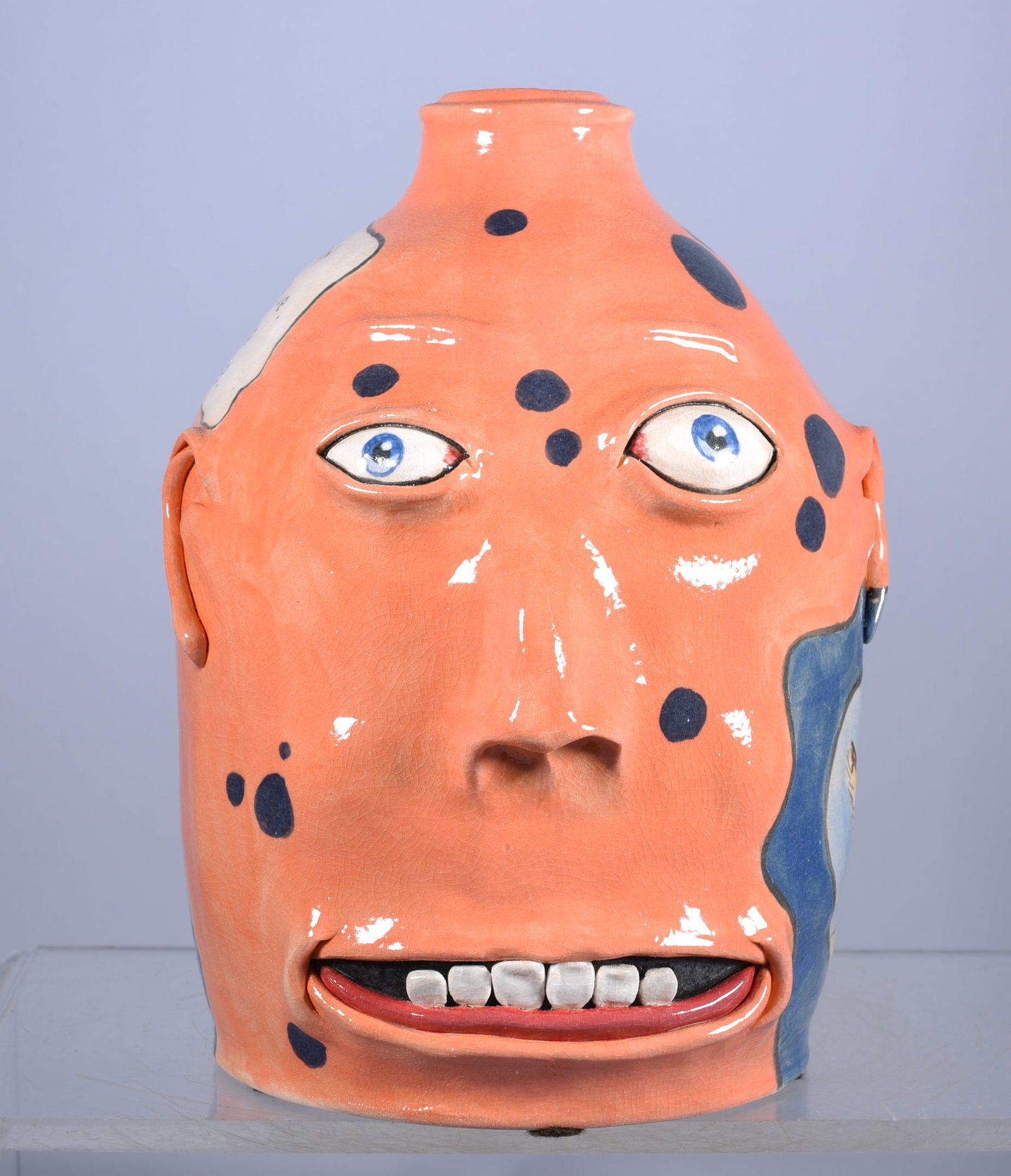 Stacy Lambert Folk Pottery with Nadine Lambert: jug turned by Stacy Lambert, face applied by Nadine Lambert. Signed on bottom and dated 2013.
