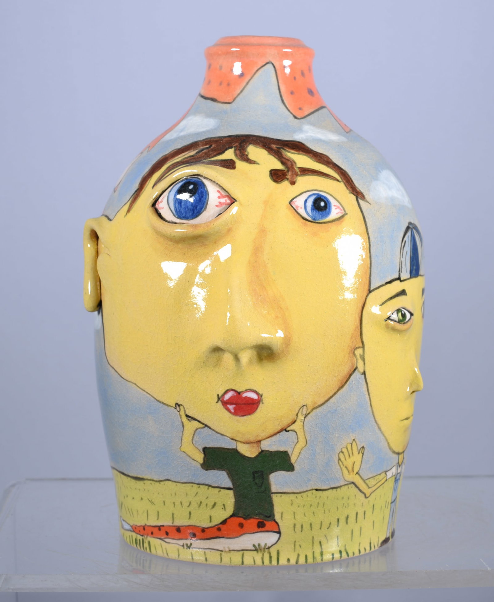 Stacy Lambert Folk Pottery with Nadine Lambert: jug turned by Stacy Lambert, face applied by Nadine Lambert. Signed on bottom and dated 2014.